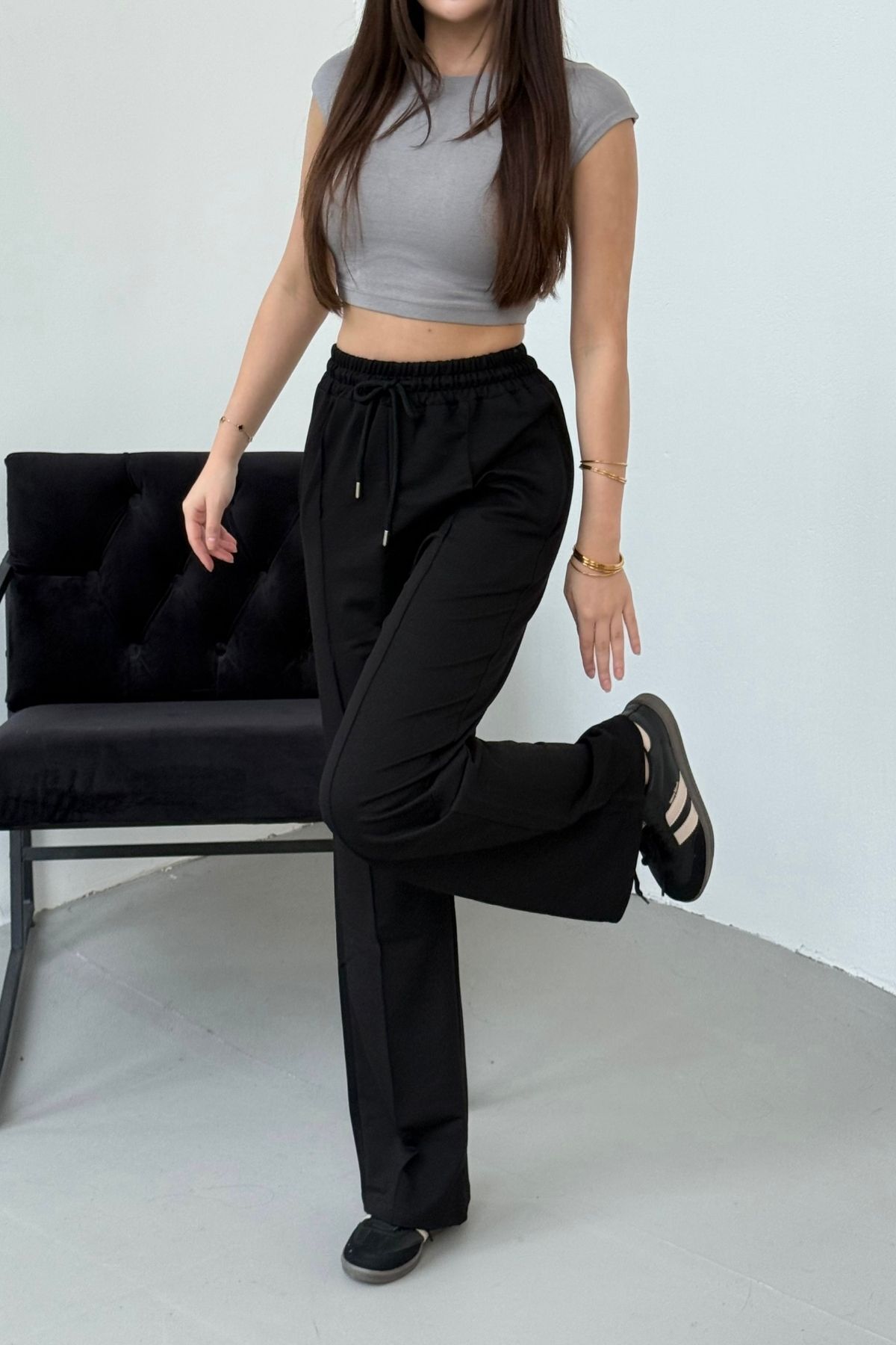 Mezka  Kadın Siyah Çımalı 2 İplik Bol Paça Beli Lastikli Eşofman Altı - Görsel 5