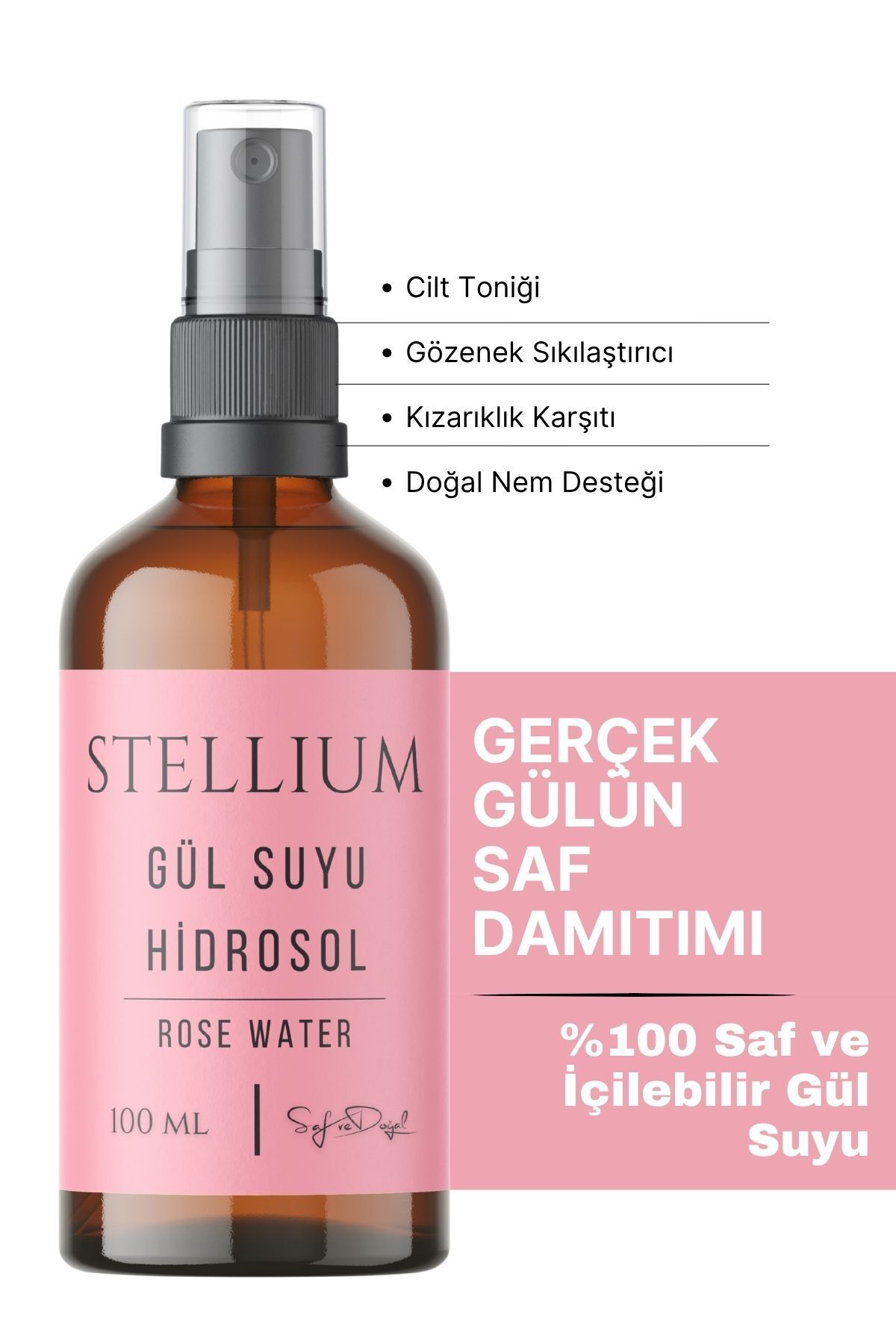 STELLIUM Saf Gül Suyu | Gıda Uyumlu %100 Doğal Cilt Toniği | Buhar Distilasyonu Hidrosol 100 ML — 8684302800777