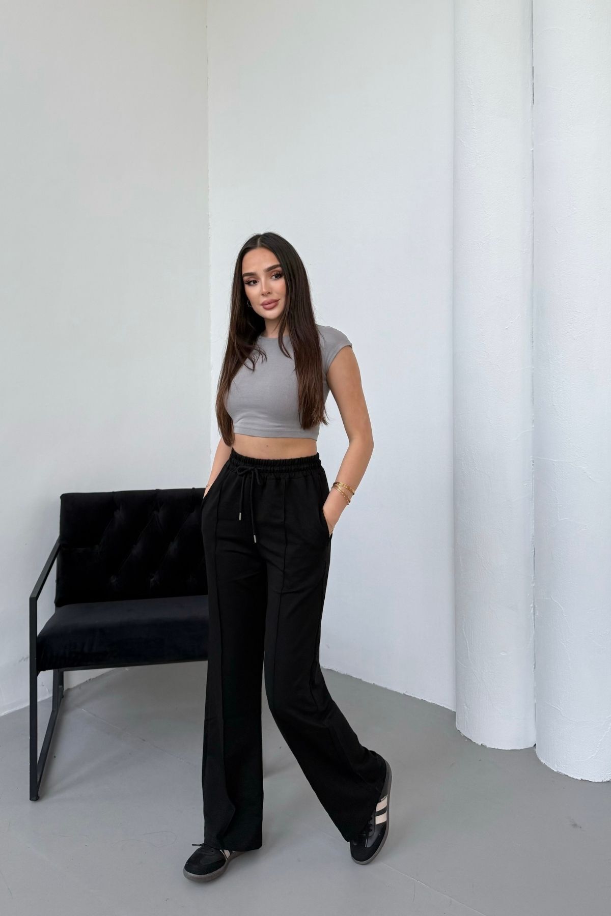 Mezka  Kadın Siyah Çımalı 2 İplik Bol Paça Beli Lastikli Eşofman Altı - Görsel 7