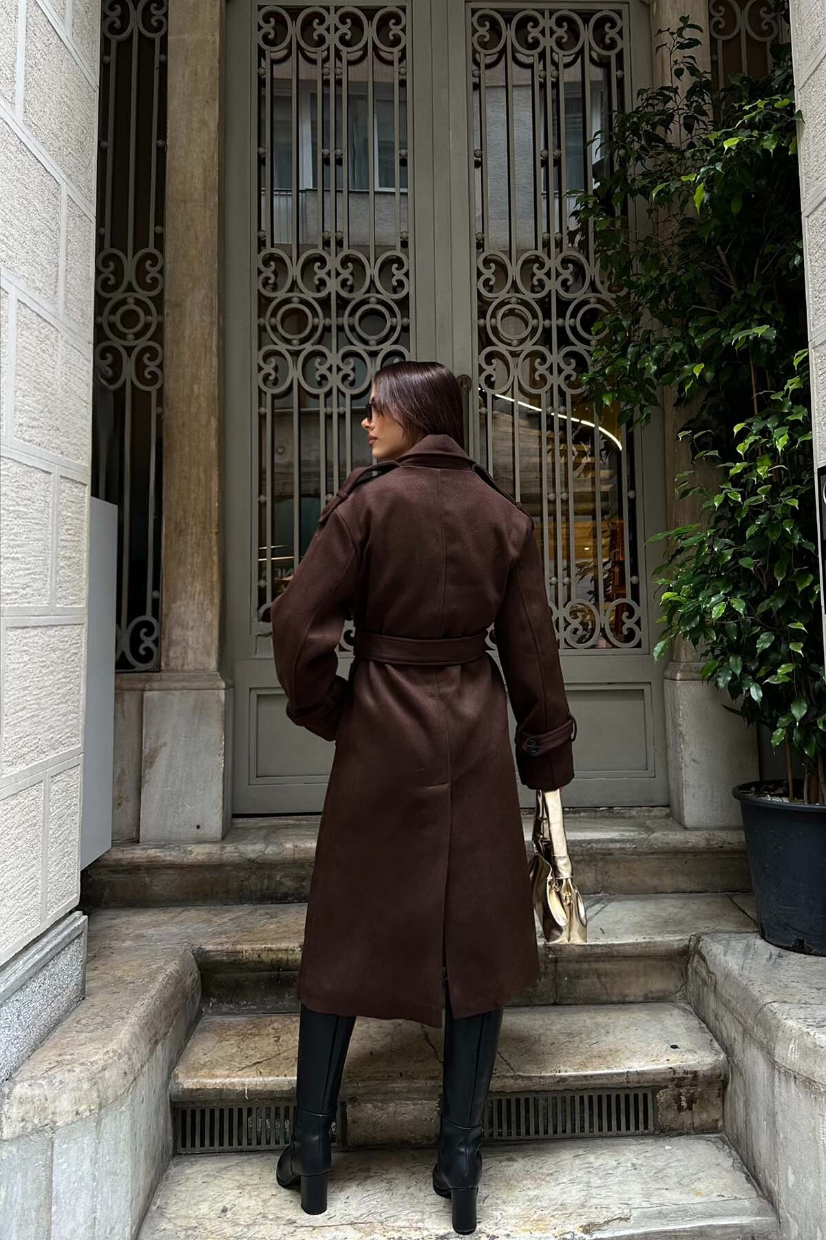 My Loore  Kadın Kahverengi Oversize Kuşaklı Premium Kaşe Kaban | Geniş Kalıp & Cepli MLB077 - Görsel 7