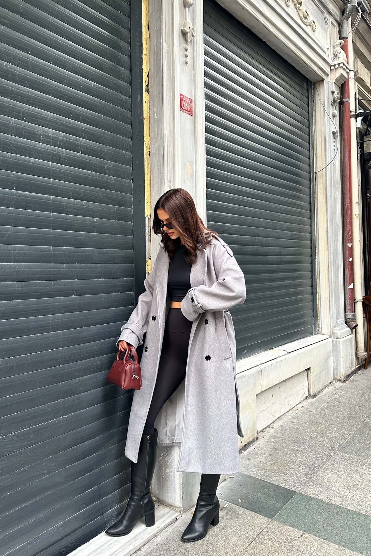 My Loore  Kadın Gri Oversize Kuşaklı Premium Kaşe Kaban | Geniş Kalıp & Cepli MLB077 - Görsel 6