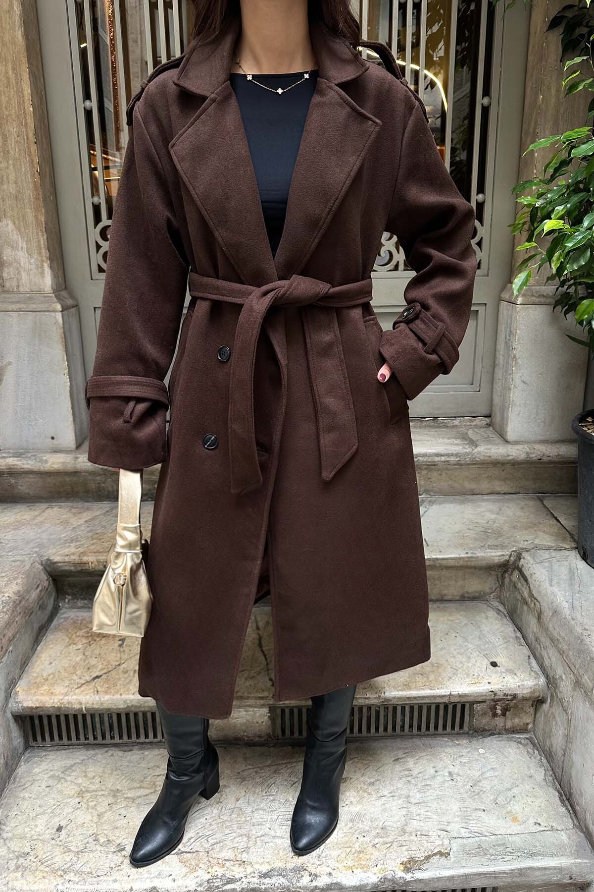 My Loore  Kadın Kahverengi Oversize Kuşaklı Premium Kaşe Kaban | Geniş Kalıp & Cepli MLB077 - Görsel 4