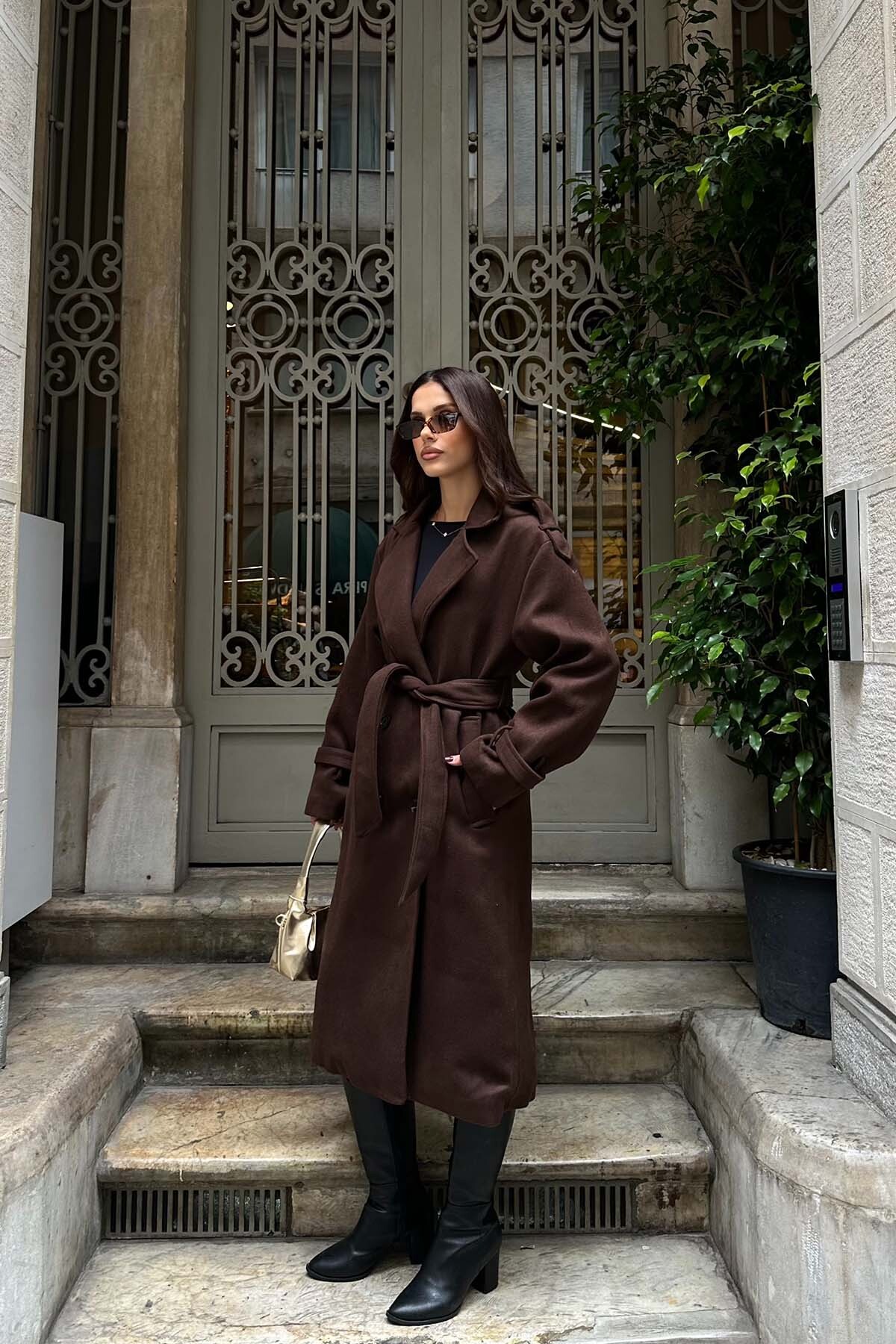 My Loore  Kadın Kahverengi Oversize Kuşaklı Premium Kaşe Kaban | Geniş Kalıp & Cepli MLB077 - Görsel 6