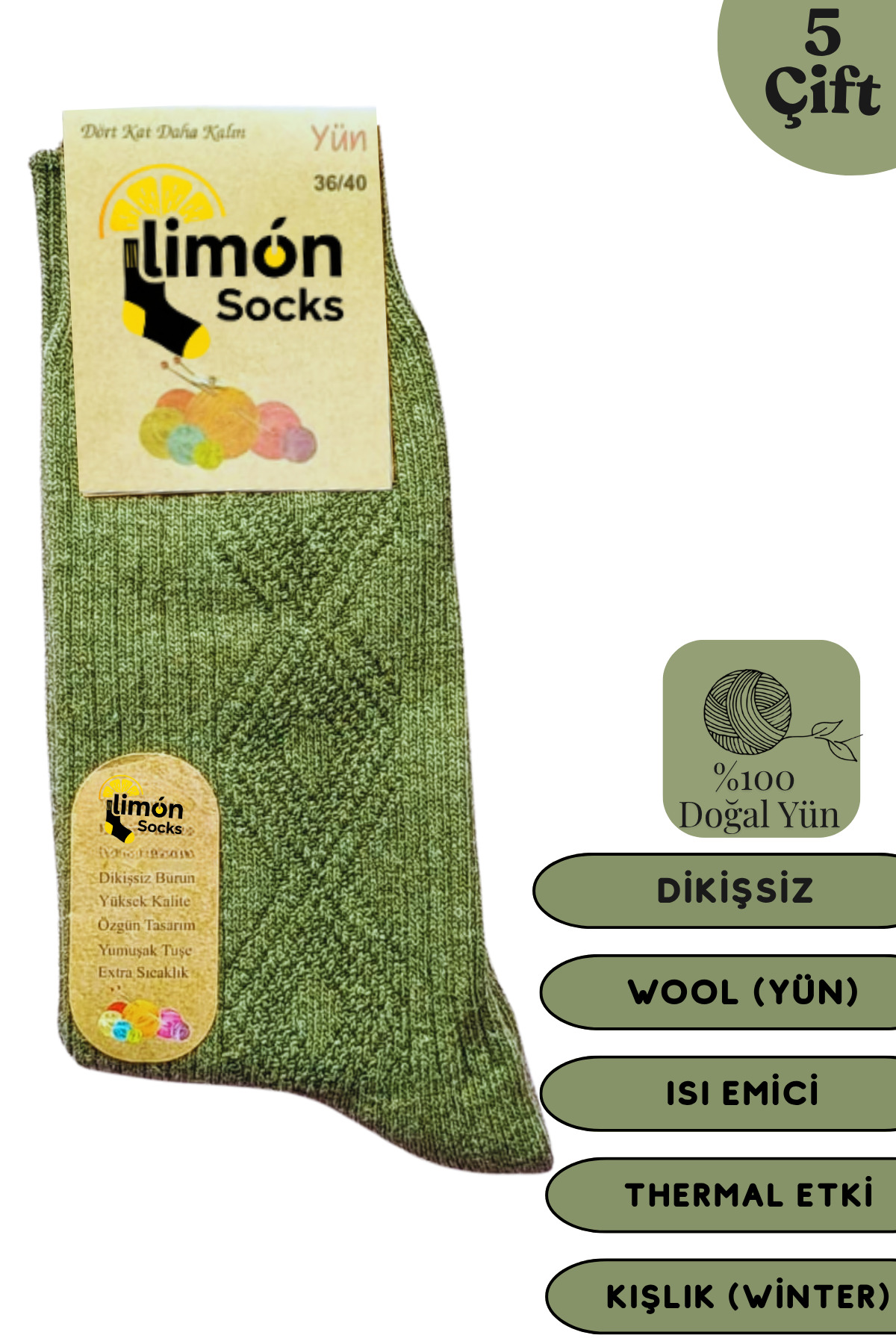Kışlık Lambswool Yün Çorabı (5 Çift) Kadınlar Için Termal Özellikli (kuzu Yünlü) Kalın Çorap — görsel 8