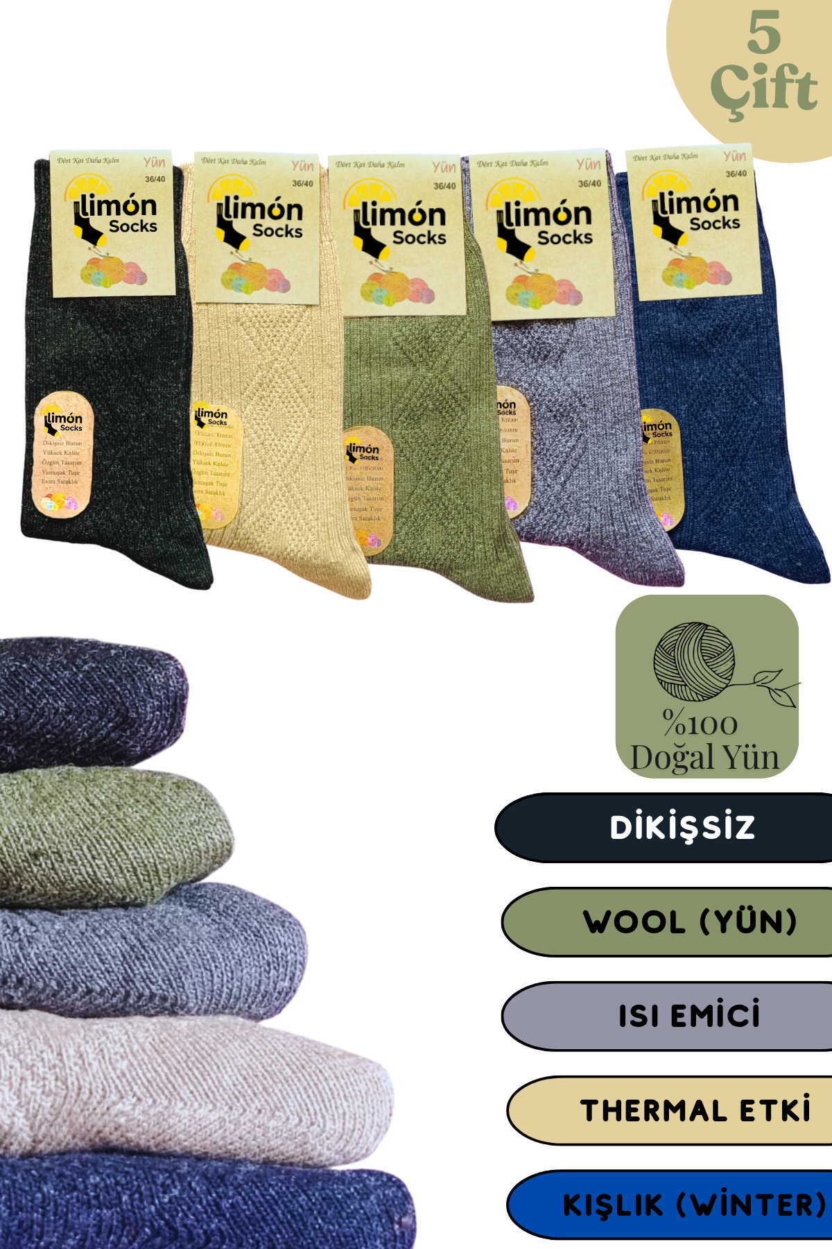Kışlık Lambswool Yün Çorabı (5 Çift) Kadınlar Için Termal Özellikli (kuzu Yünlü) Kalın Çorap — görsel 7