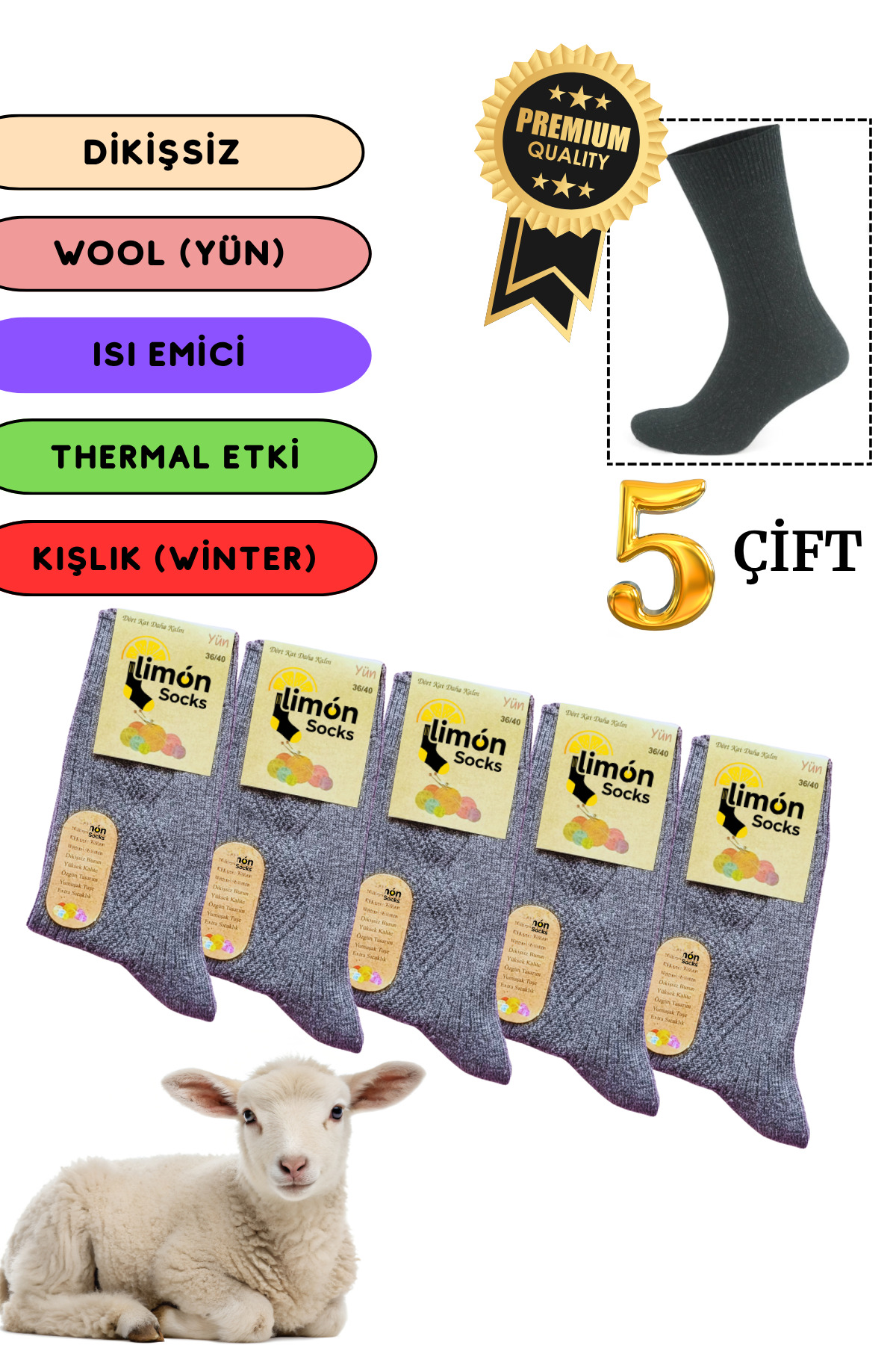 Kışlık Lambswool Yün Çorabı (5 Çift) Kadınlar Için Termal Özellikli (kuzu Yünlü) Kalın Çorap