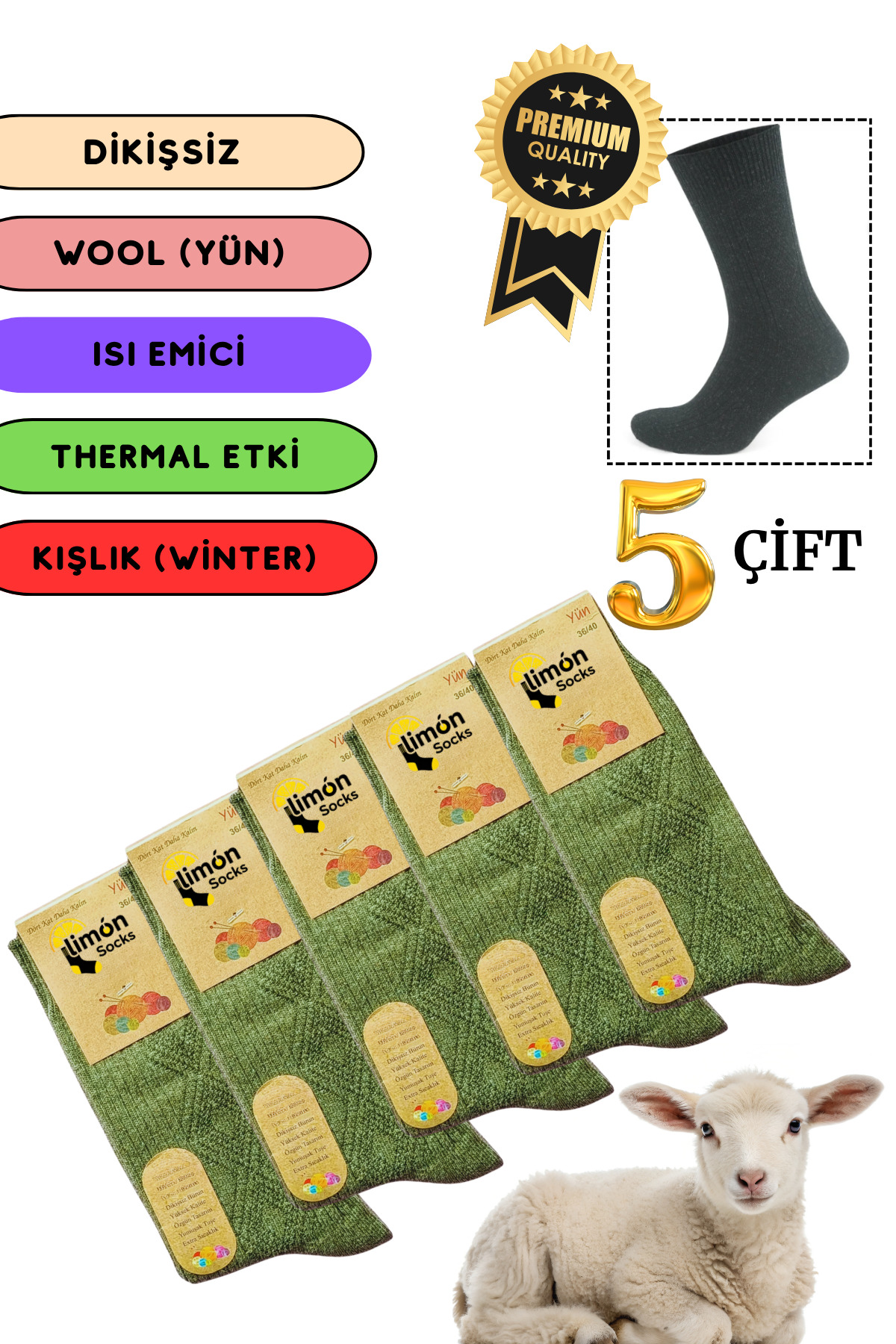 Kışlık Lambswool Yün Çorabı (5 Çift) Kadınlar Için Termal Özellikli (kuzu Yünlü) Kalın Çorap
