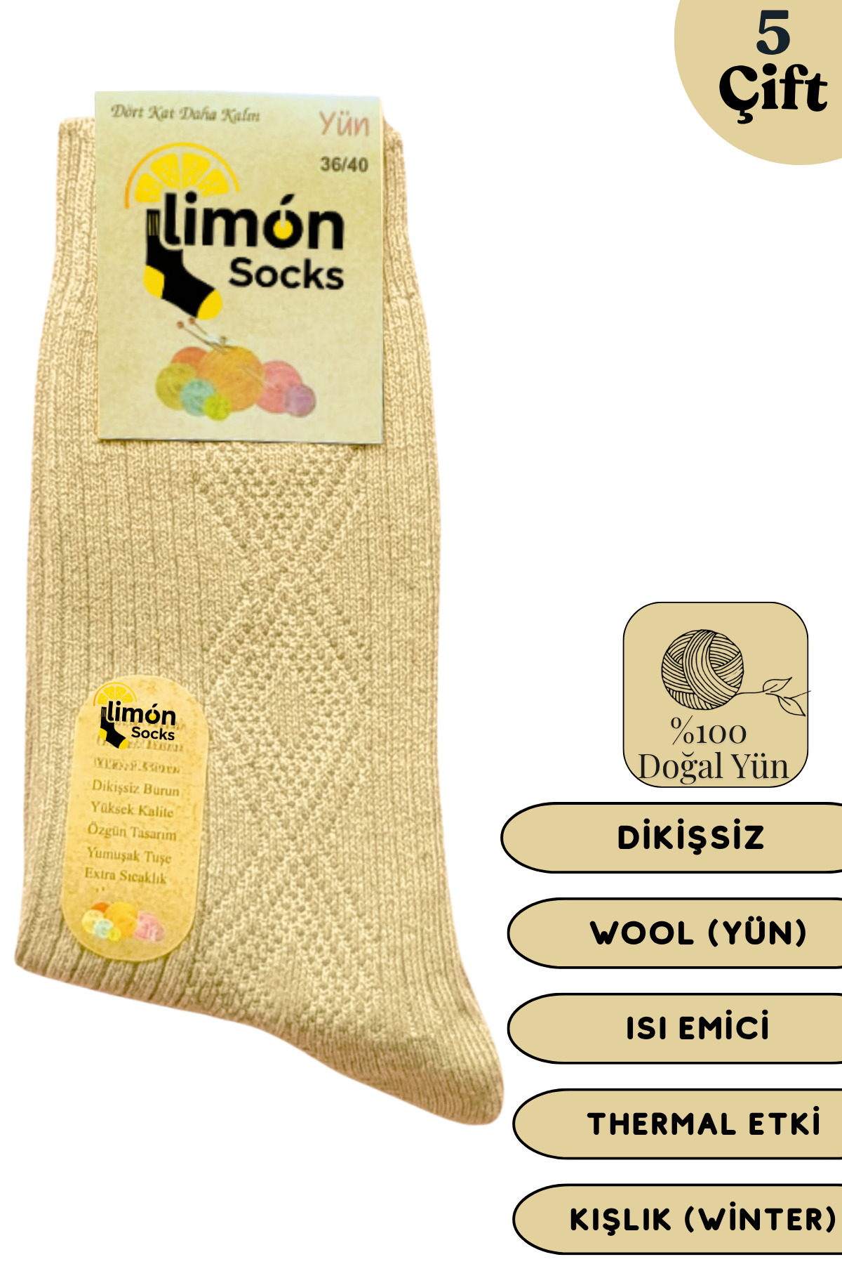 Kışlık Lambswool Yün Çorabı (5 Çift) Kadınlar Için Termal Özellikli (kuzu Yünlü) Kalın Çorap — görsel 3