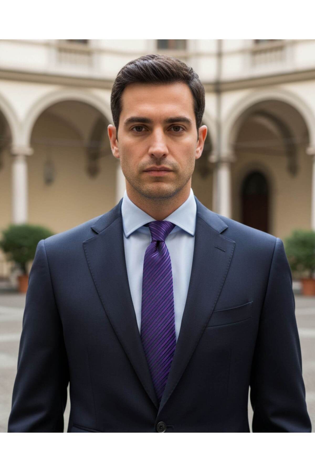  کراوات ابریشمی سرمه‌ای پهن ۷.۵ سانتی‌متری با نوارهای بنفش