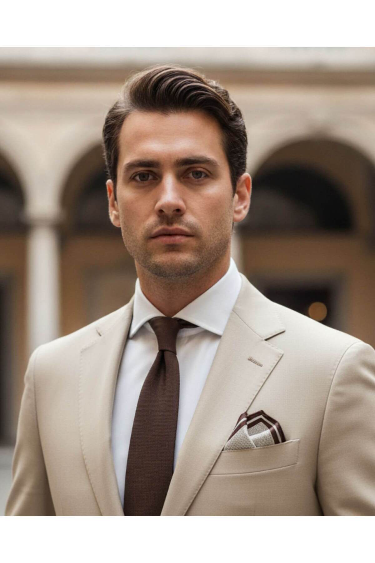  پوشت جیبی سفید ۱۰۰٪ ابریشمی با طرح قهوه‌ای، ابعاد ۳۳x۳۳ سانتی‌متر