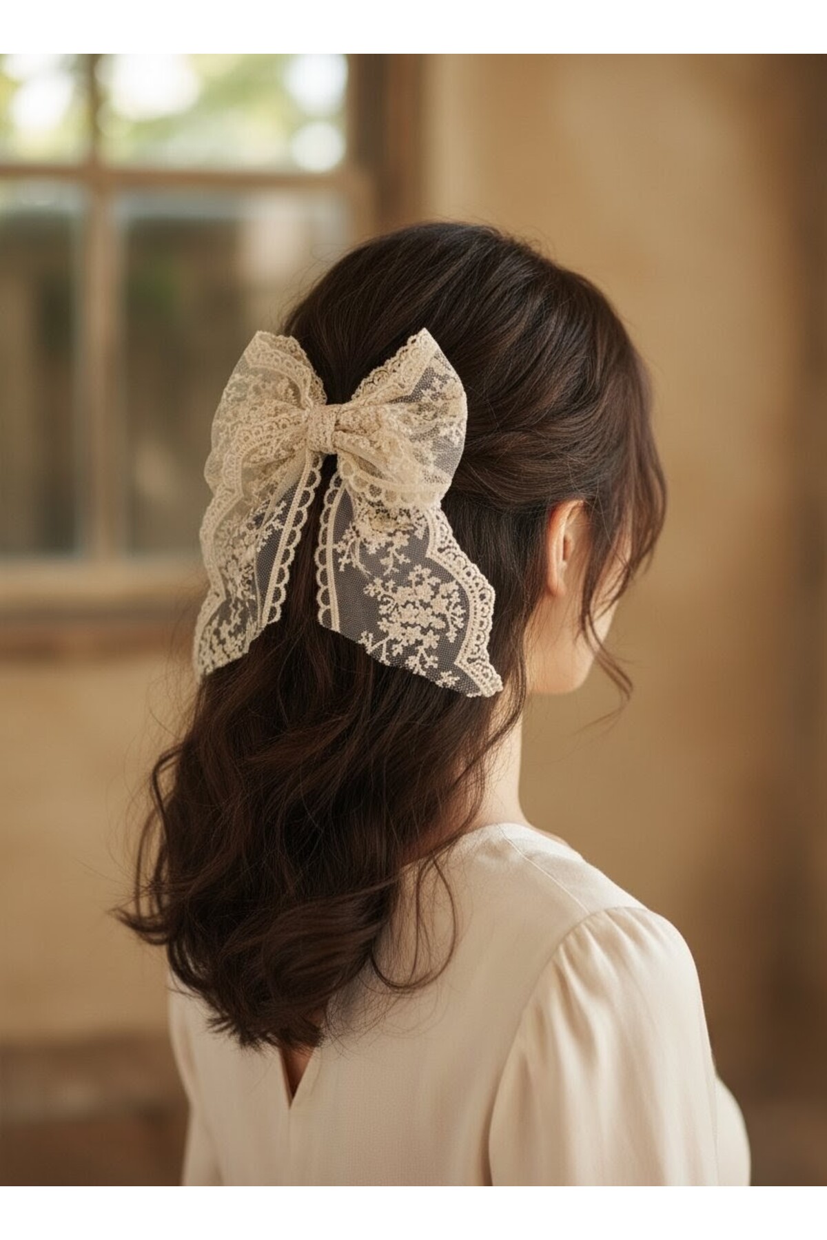 Ecru Transparent Lace Large Automatic Bow Handmade Adult Young Girl Clip Buckle Gift