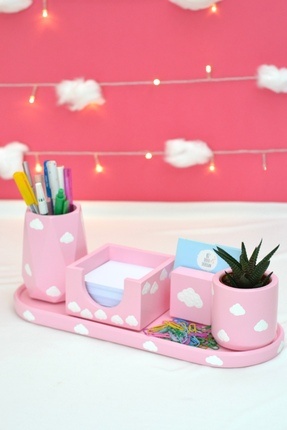 Bi' Dolu Dükkan Bulutlu Altı Parça Ofis Seti | Kalemlik Saksı Bitki Bloknotlu...