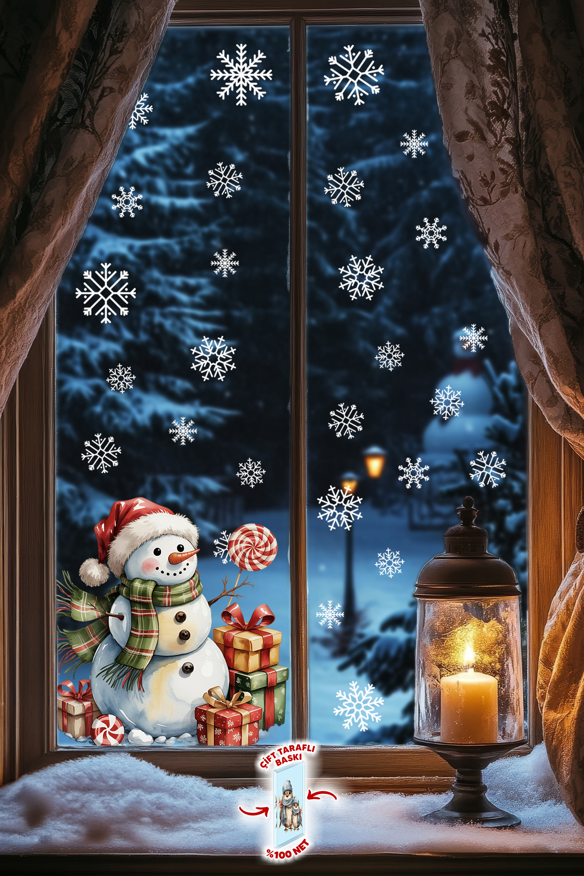 MSticker Kardan Adam Çift Taraflı Cam Sticker Seti – 42 Parça Kar Taneleriyle - Çift Taraflı Yeni Yıl Sticker fotoğrafı 5 (önizleme)