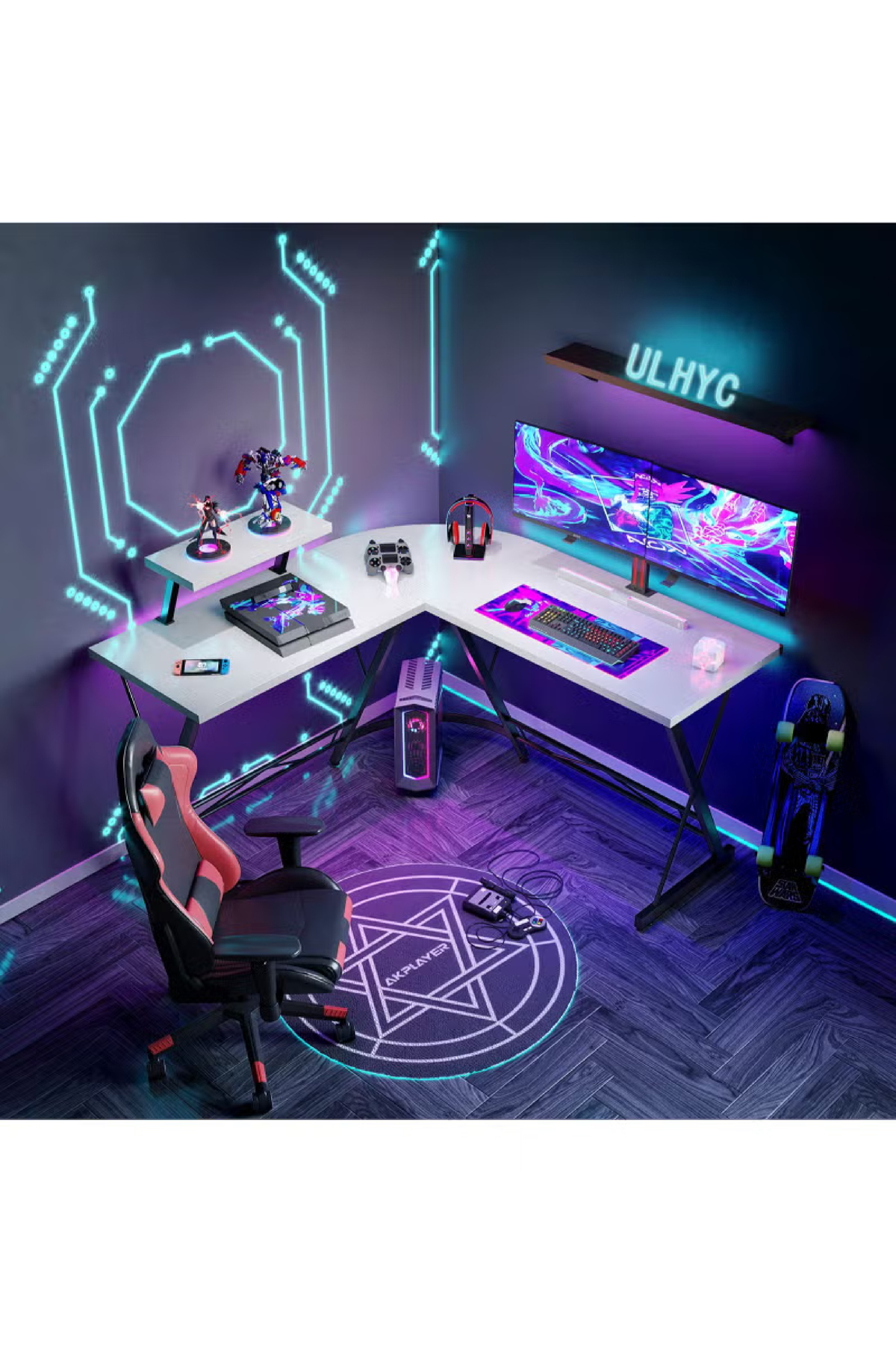 مكتب كمبيوتر زاوية على شكل حرف L – طاولة ألعاب ومح...