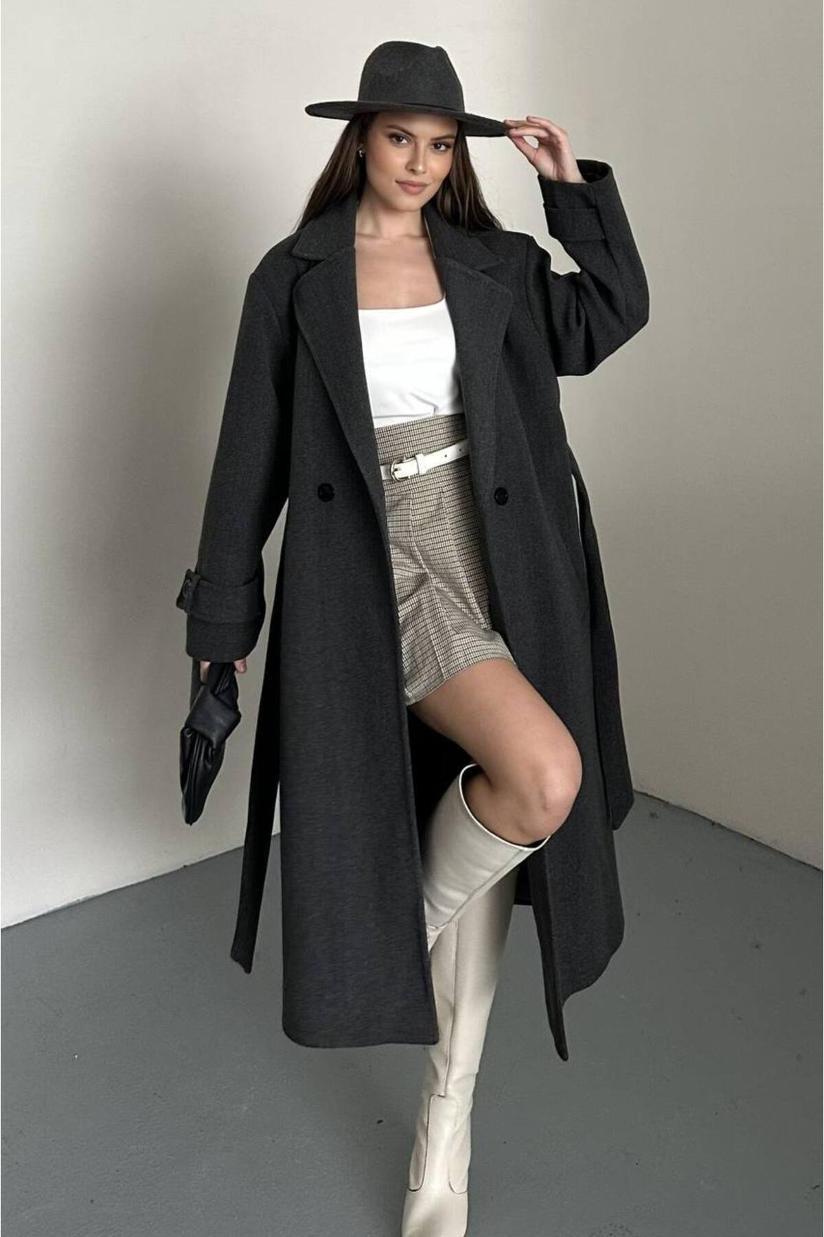 VESS MODA  Kadın Kuşak ve Düğmeli Uzun Kaşe Kaban Antrasit