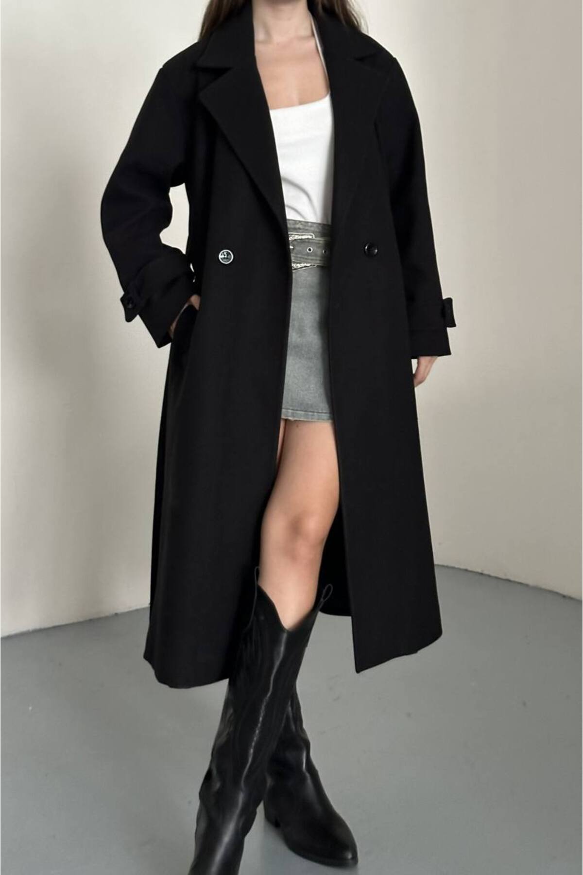 VESS MODA  Kadın Kuşak ve Düğmeli Uzun Kaşe Kaban Siyah - Görsel 7