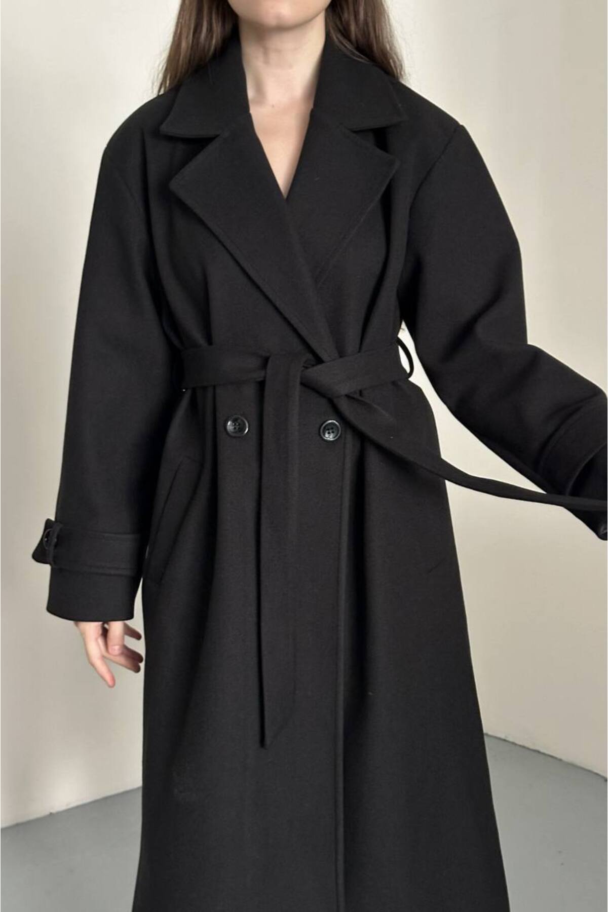 VESS MODA  Kadın Kuşak ve Düğmeli Uzun Kaşe Kaban Siyah - Görsel 4