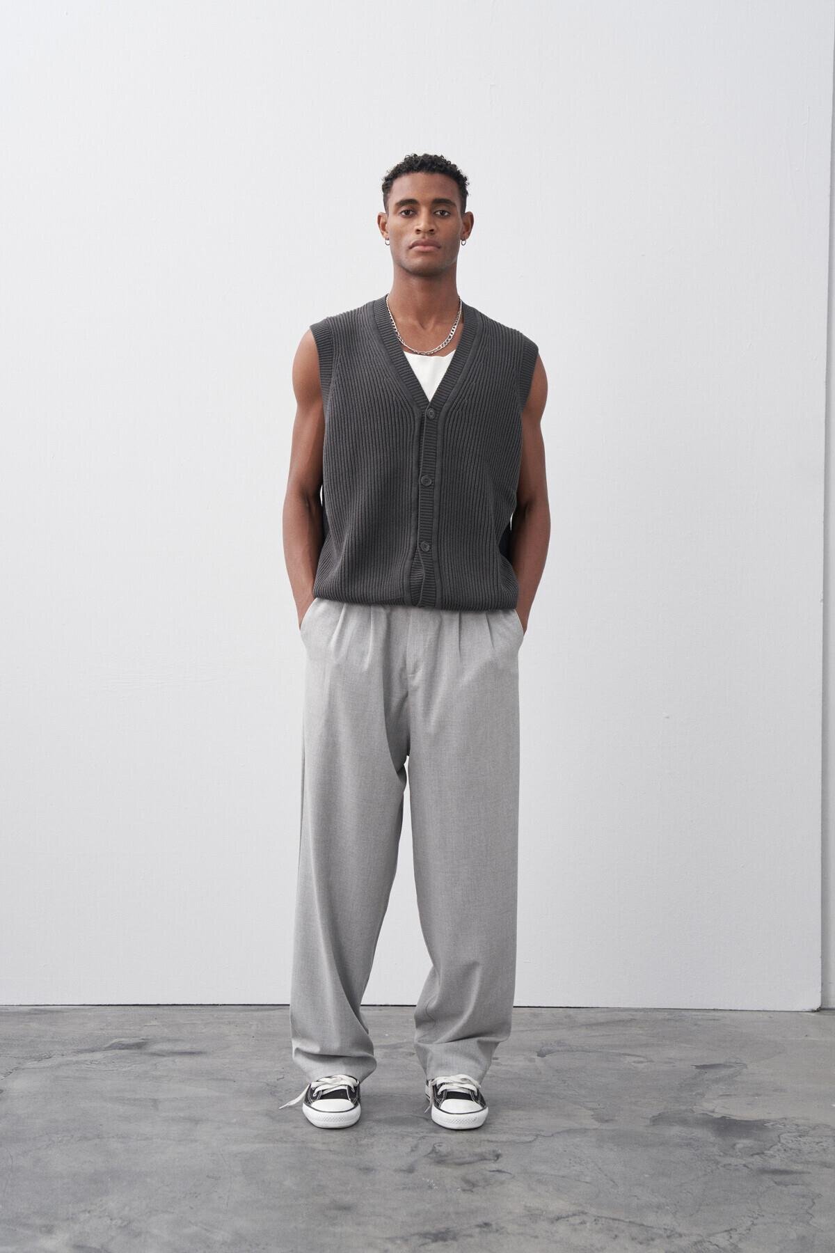 VAMOSCLO Baggy Fit Kumaş Pantolon Açık Gri görsel 5