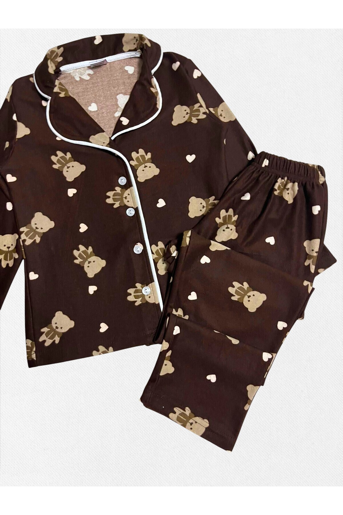 Fil Kids Anne-Kız Çocuk Pamuklu Süet Kahverengi Ayıcık Kalp Desenli Uzun Kol Gömlek Yaka Kışlık Pijama Takımı fotoğrafı 4 (önizleme)