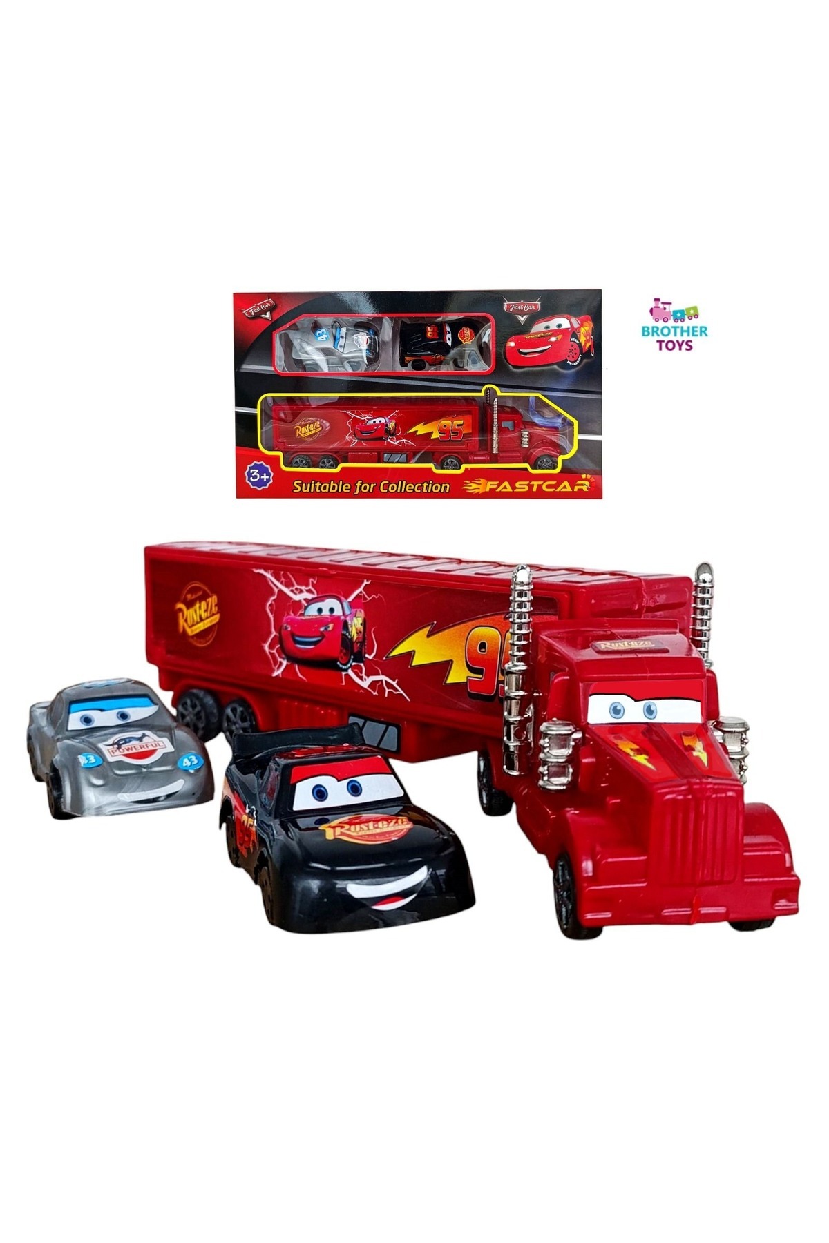 Brother Toys Şimşek Mekkuin Sürtmeli Oyuncak 2 Arabalı Taşıyıcı Tır 26 Cm