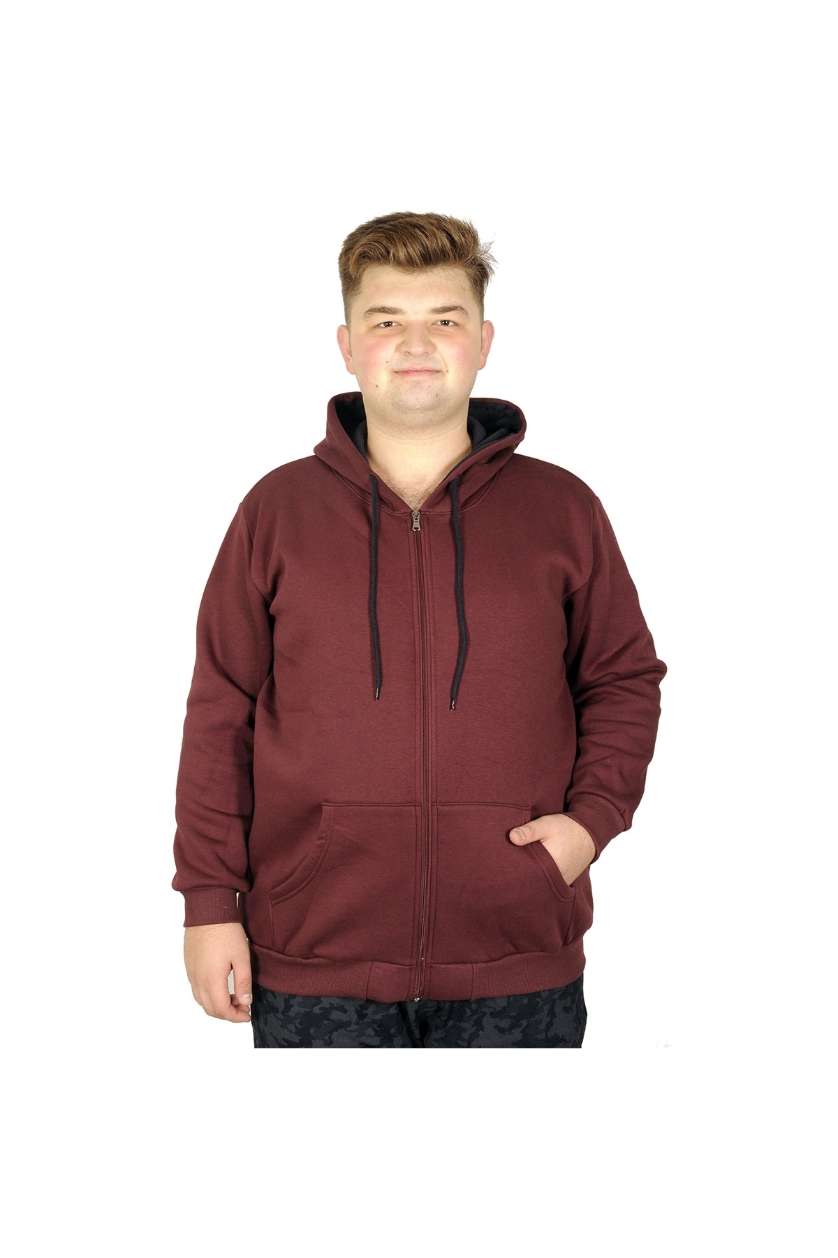 ModeXL Mode Xl Erkek Sweatshirt Kapşonlu Zippered Basic 20543 Mürdüm