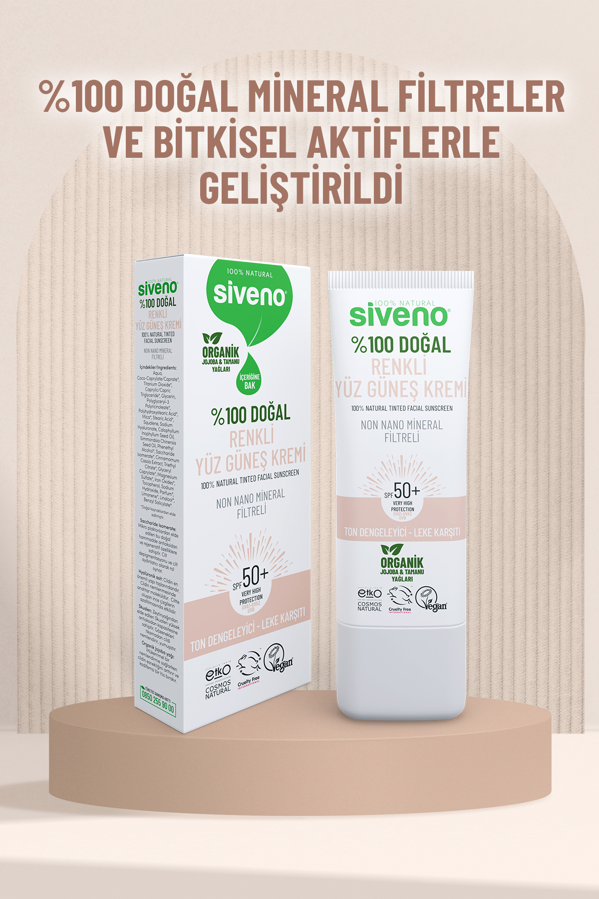Siveno %100 Doğal Yüz Güneş Kremi Renkli Ton Eşitleyici Leke Karşıtı SPF 50+ UVA UVB 30 ml fotoğrafı 6 (önizleme)