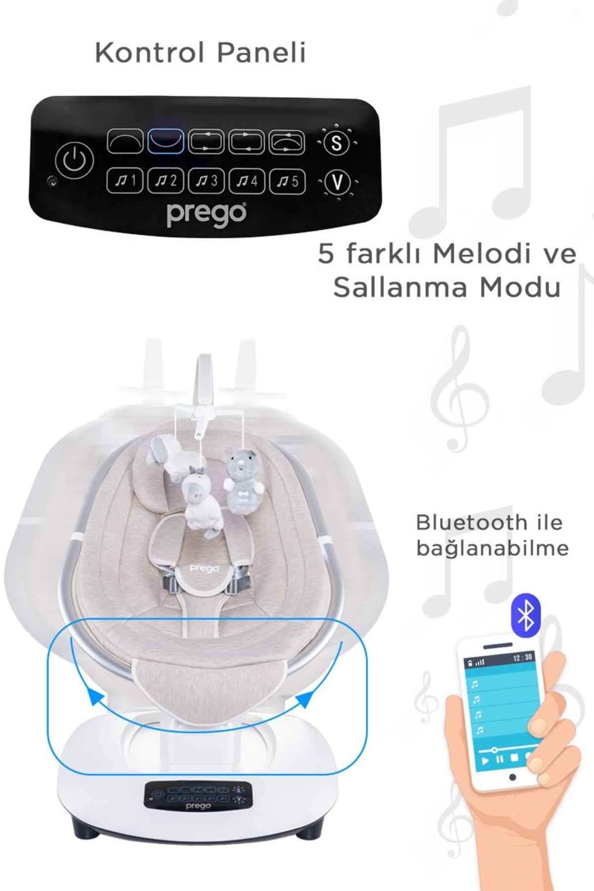 Prego Montes Uzaktan Kumandalı, Müzikli ve Otomatik Sallanan Elektrikli Ana Kucağı & Ev Tipi Beşik fotoğrafı 5 (önizleme)