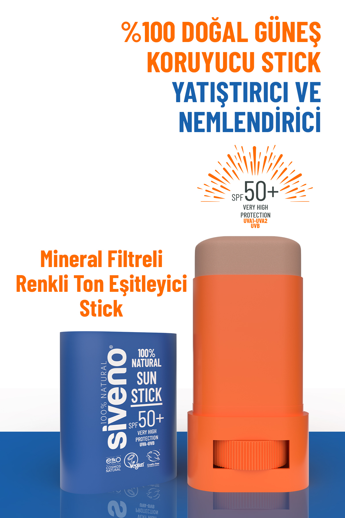 Siveno %100 Doğal Stick Güneş Koruyucu Mineral Filtreli Renkli Ton Eşitleyici Hassas SPF50+ UVA UVB 15 gr fotoğrafı 4 (önizleme)