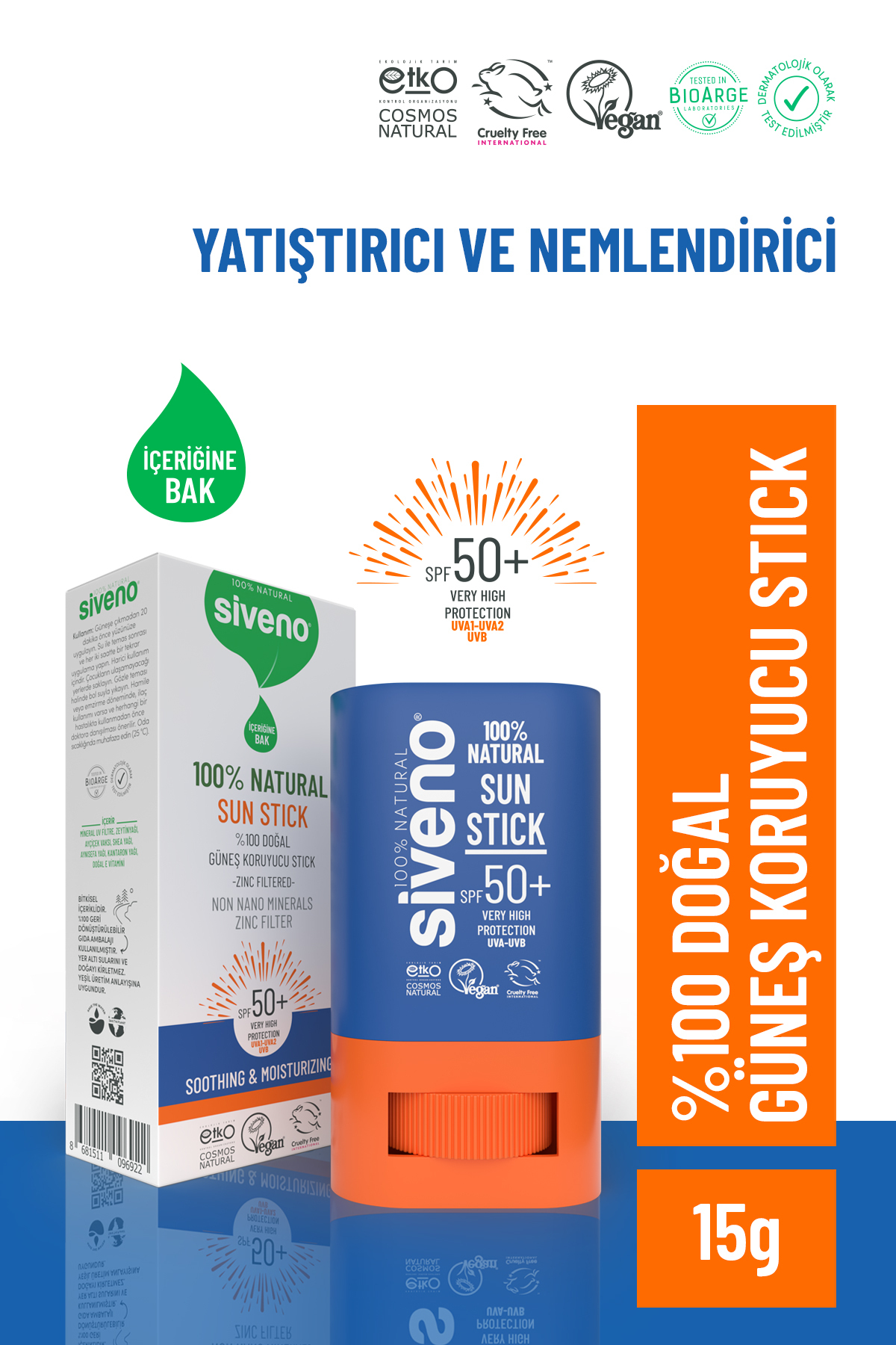 Siveno %100 Doğal Stick Güneş Koruyucu Mineral Filtreli Renkli Ton Eşitleyici Hassas SPF50+ UVA UVB 15 gr fotoğrafı 3 (önizleme)