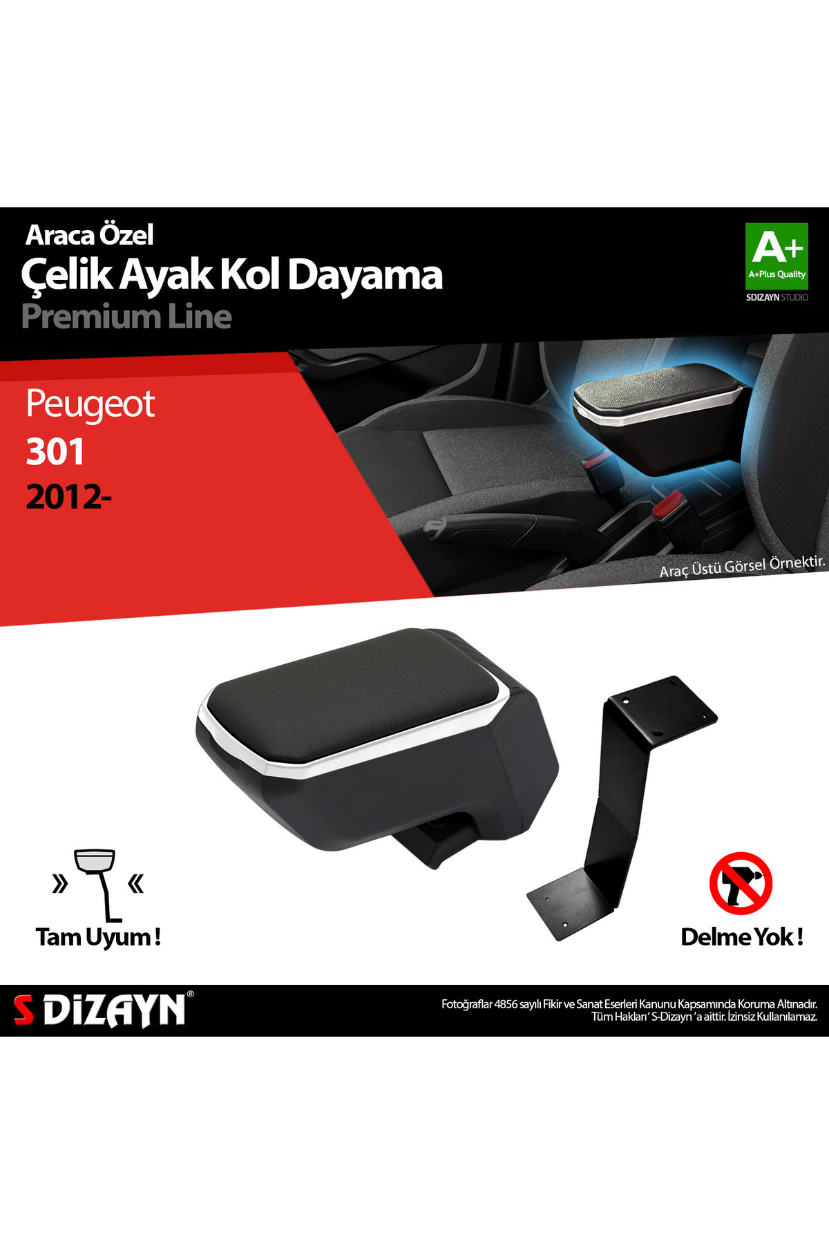 S Dizayn S-Dizayn Peugeot 301 Kol Dayama Kolçak Çelik Ayaklı ABS Gri 2012-2017 A+Kalite KLC-CA-GR-6907-K14