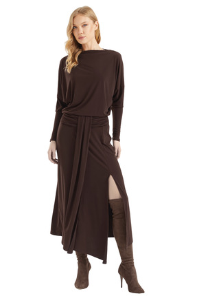 By Yaren Yazıcı Kadın Kahve Yarasa Kol Yırtmaçlı Drapeli Etek Bluz Görünümlü ...