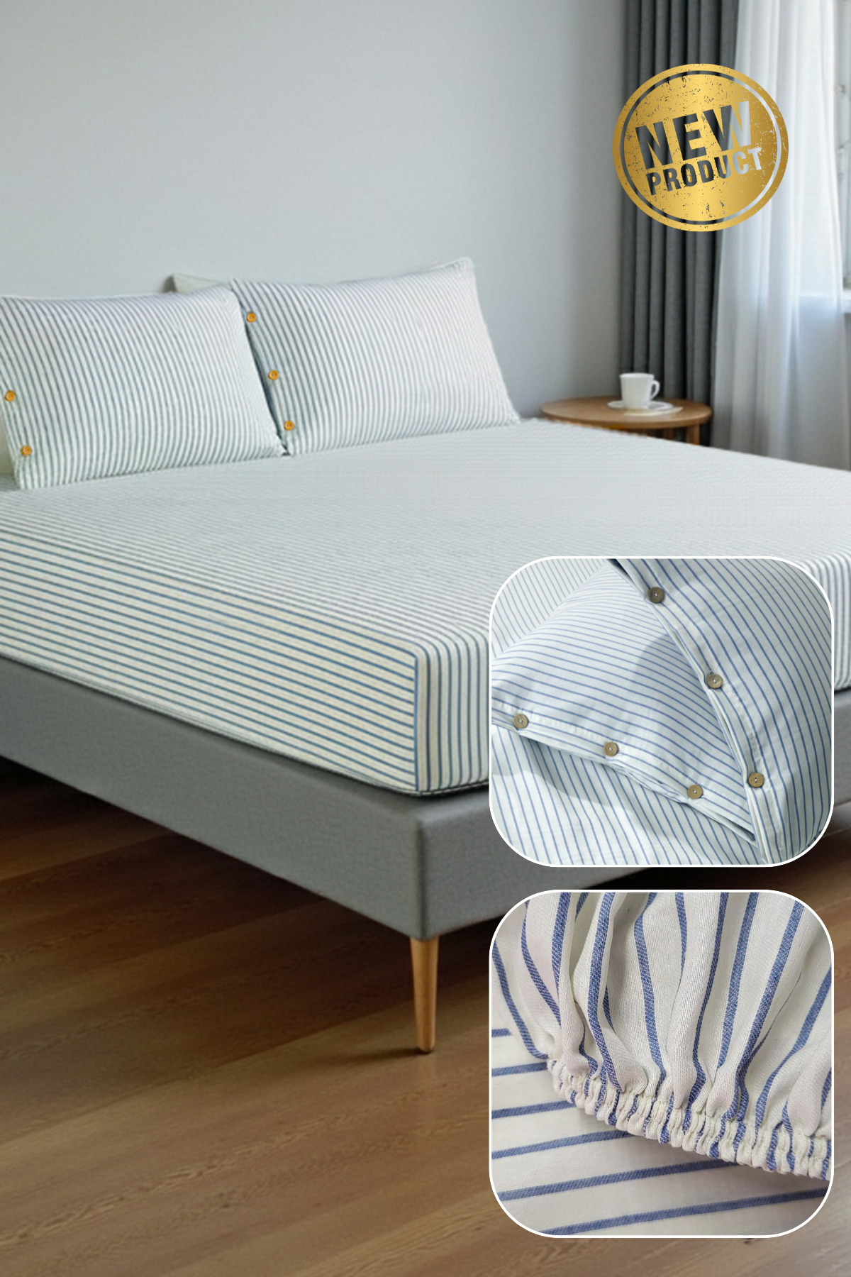 Double-Person Elastic Bed Sheet Set Button Detailed |Dowry| Gift | Line Pattern | Dobby Woven