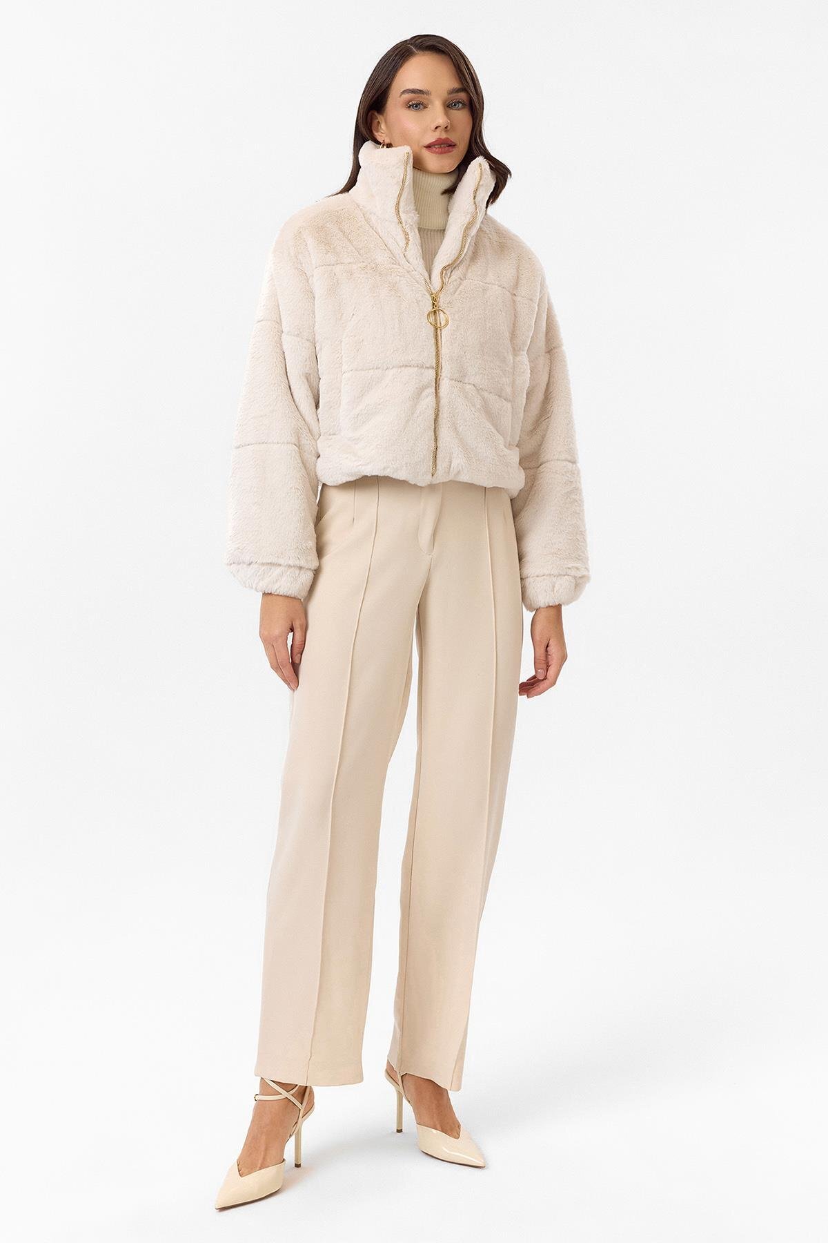 Tiffany Tomato  Fleto Cepli Kapitone Peluş Mont - Görsel 5