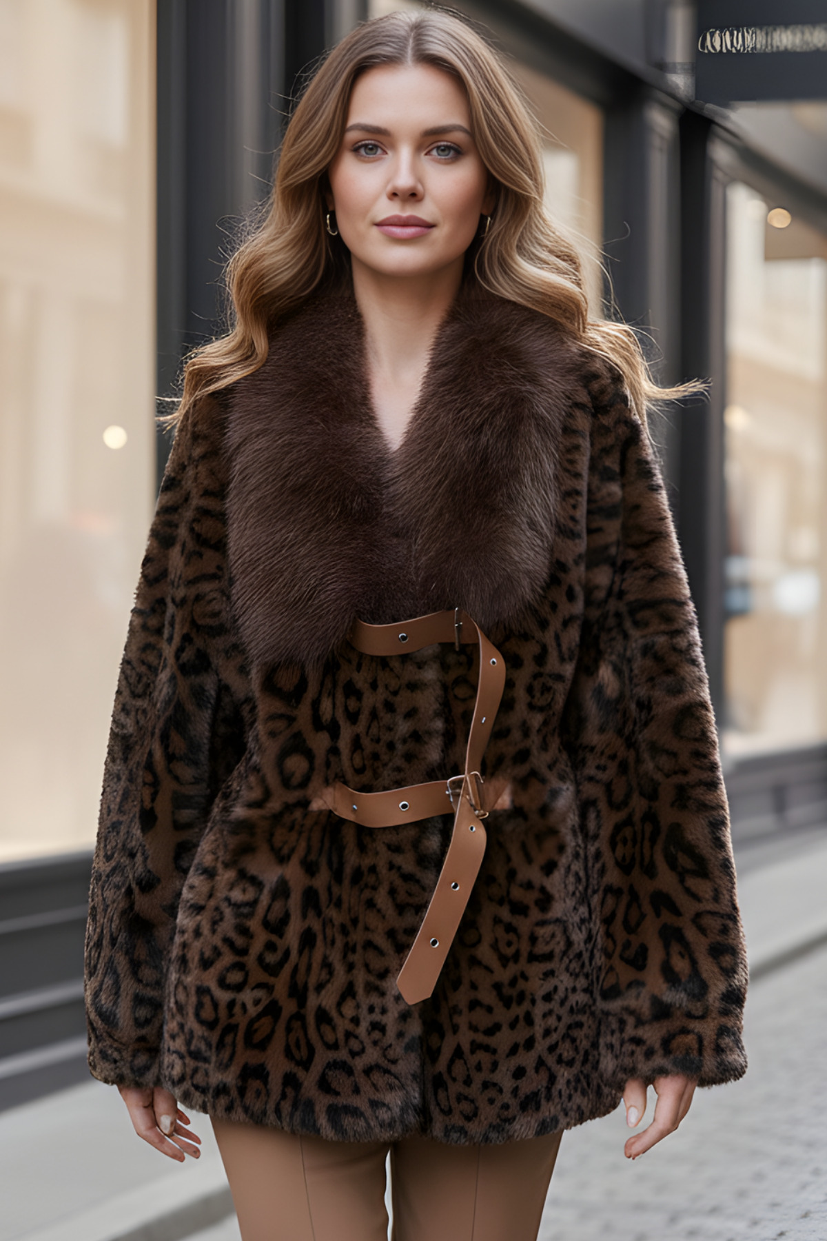 LAGRANZE Leopar Desenli Kış Kraliçesi Kürk Kaban