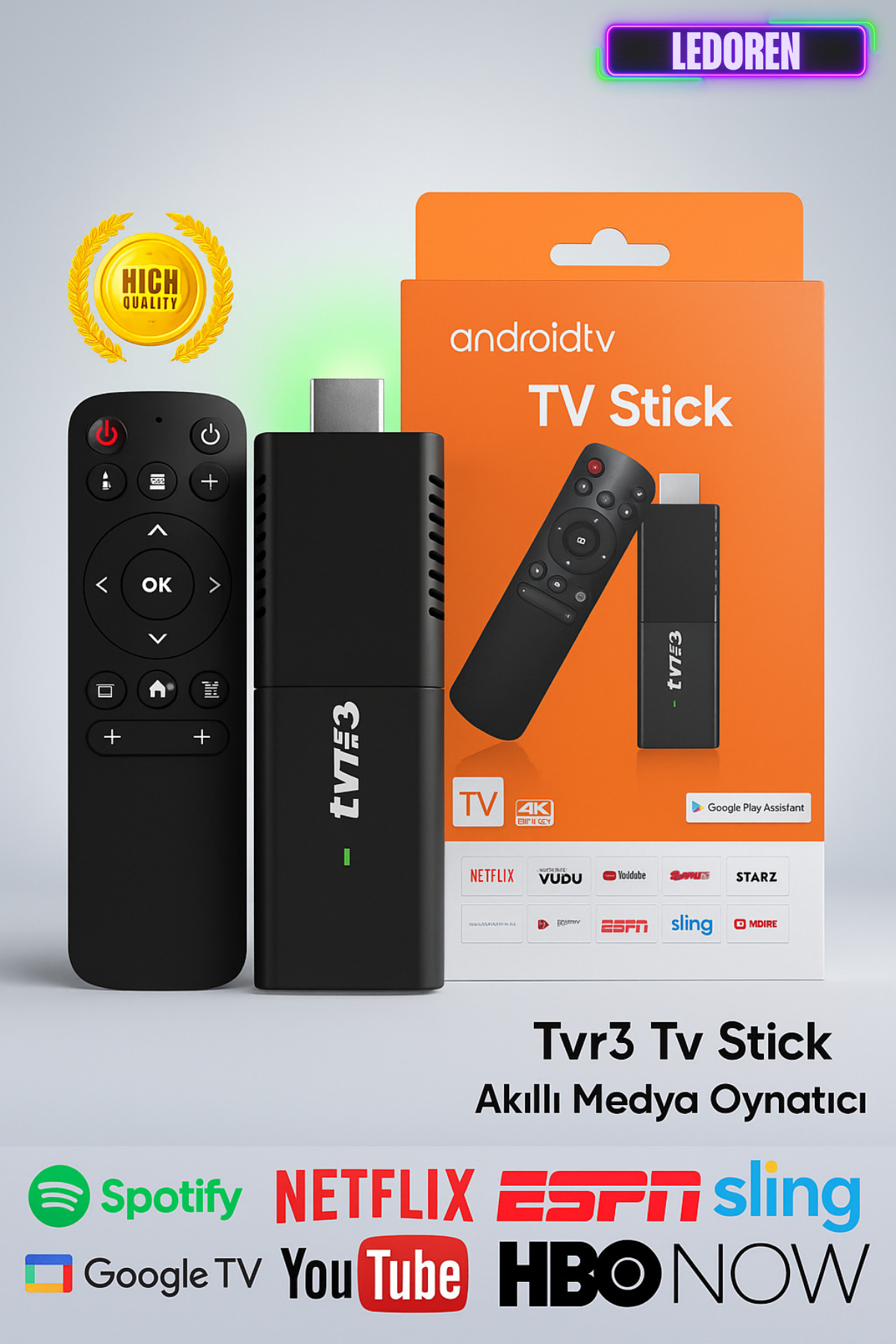 L'eDoren 4K Android TV Stick Medya Oynatıcı Android Ultra Hd Tv Box Asistan Smart Tv Wifi