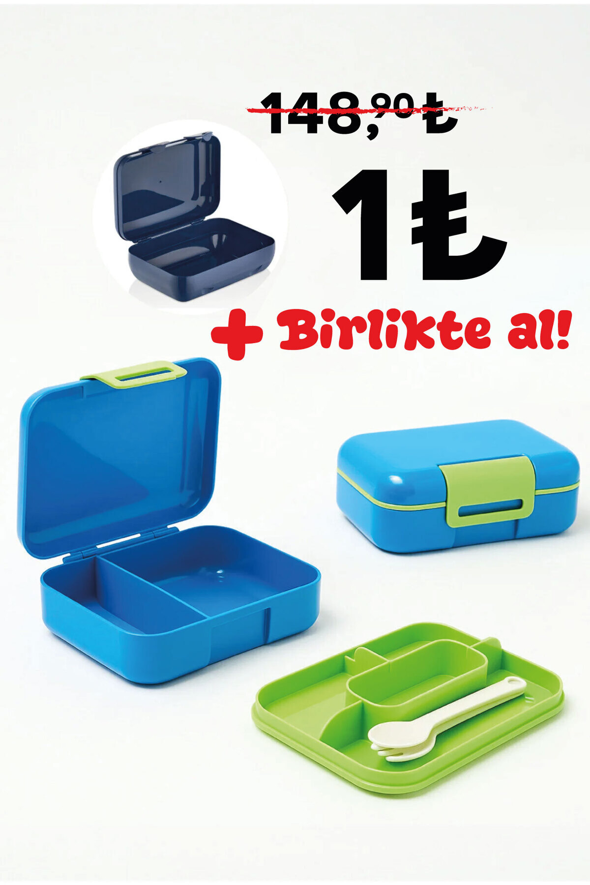 M&L LUNCH BOX 2 Katlı Beslenme Kutusu - Kendinden Kaşıklı, Çatallı, Bıçaklı - 5 Bölmeli - Okul Saklama Kabı