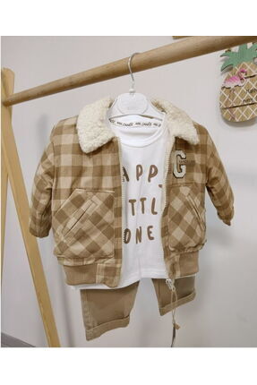 Canöz 3643 Erkek Bebek Ekoseli Kadife Mont 3'lü Takım