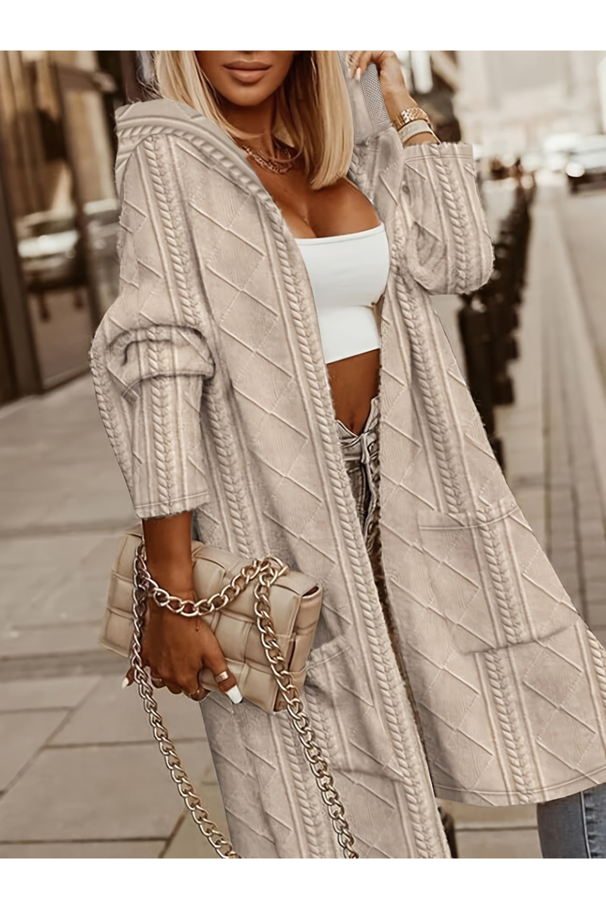 Take Two By Styli Beige Knit Midi Hoodie