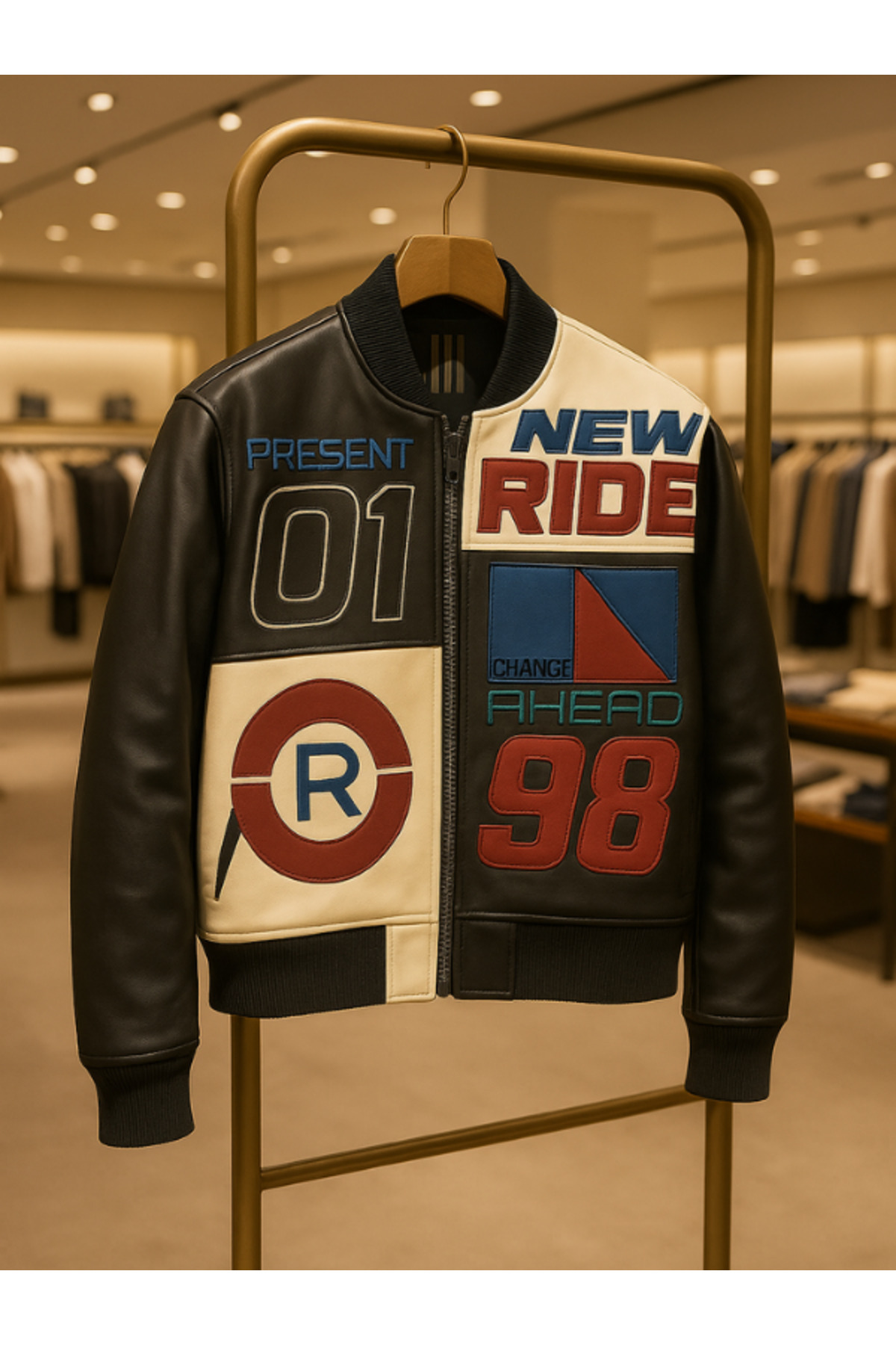 Erkek Siyah Ön ve Sırt Baskılı Deri Ceket New Ride