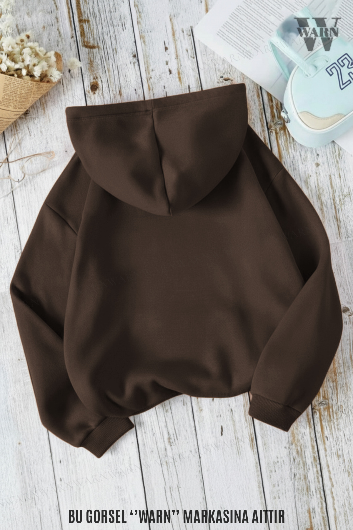 warn  Kahve Star Yıldız Taş Baskılı 3 İplik Kapüşonlu Sweatshirt Oversize Kışlık %100 Pamuk - Görsel 2