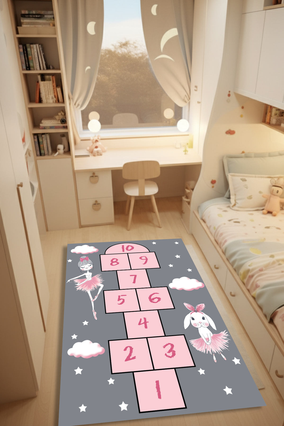 Kessy Home Studio Pompi Kız Bebek Halısı Gri Pembe Sek Sek Oyun Alanlı Kaymaz Tabanlı Yıkanabilir Çocuk Halısı fotoğrafı 5 (önizleme)