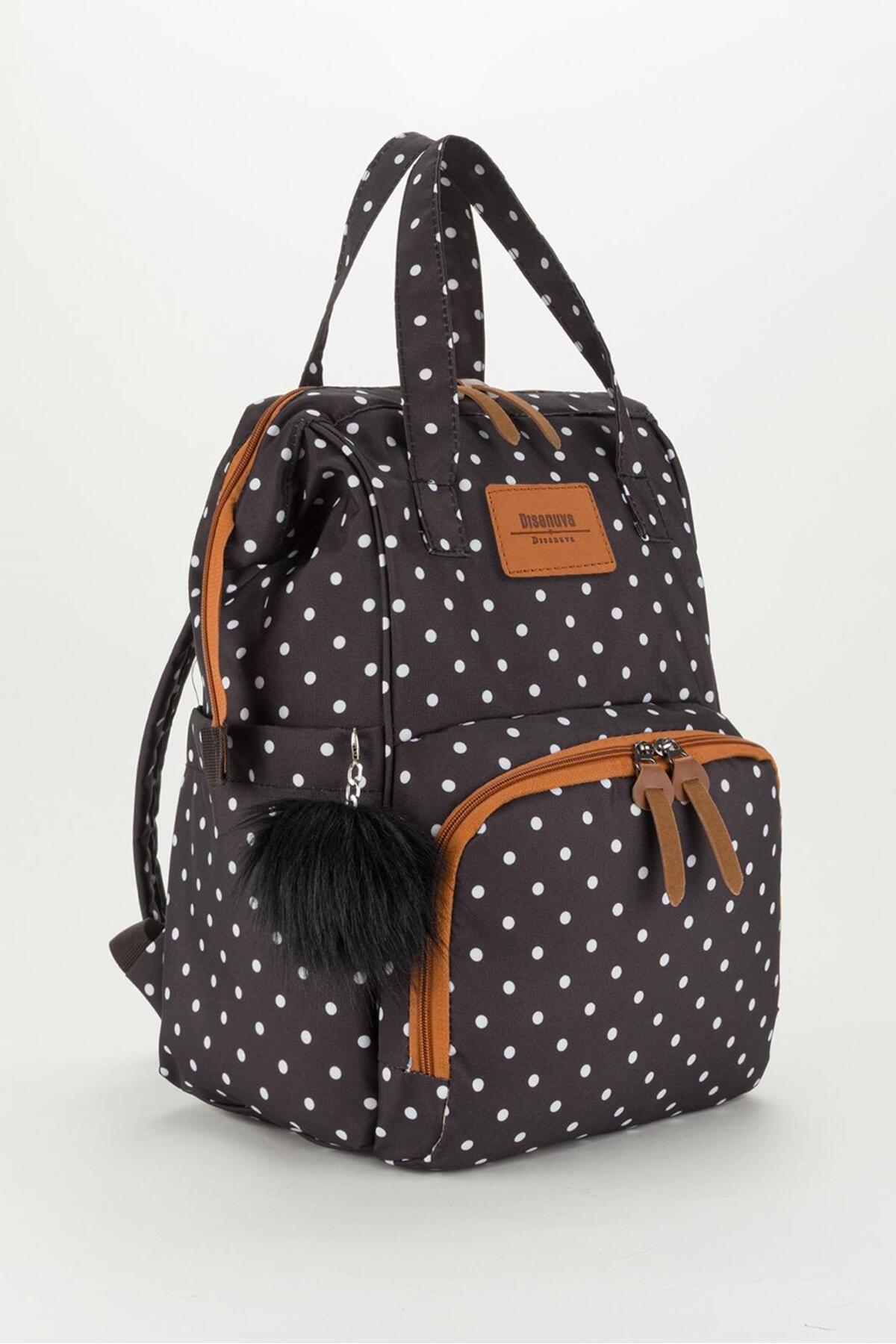 Disanuva Siyah Puantiyeli Termos Gözlü Anne Bebek Bakım Sırt Çantası | Çok Gözlü Organizer-Ponponlu fotoğrafı 2 (önizleme)