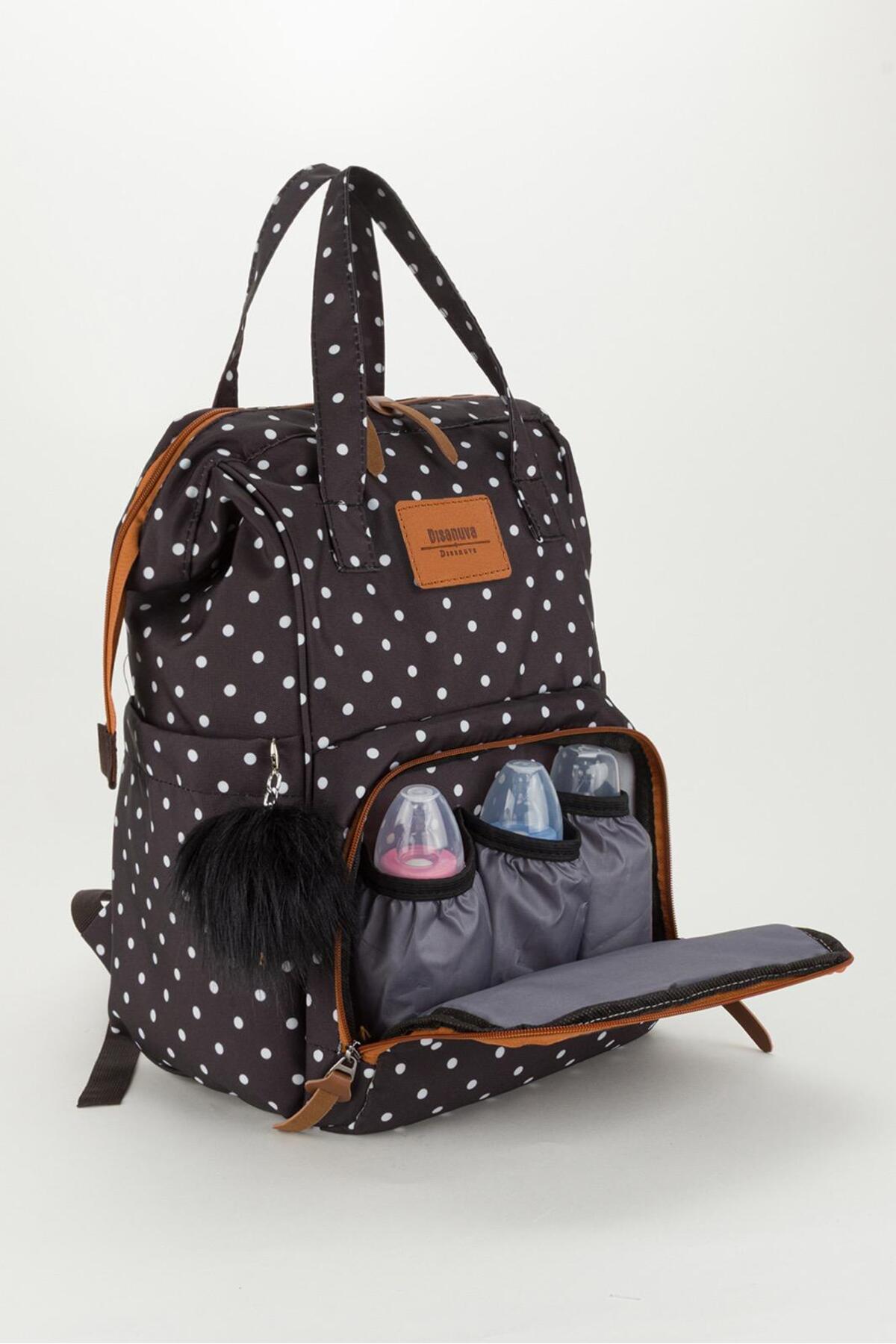 Disanuva Siyah Puantiyeli Termos Gözlü Anne Bebek Bakım Sırt Çantası | Çok Gözlü Organizer-Ponponlu fotoğrafı 6 (önizleme)