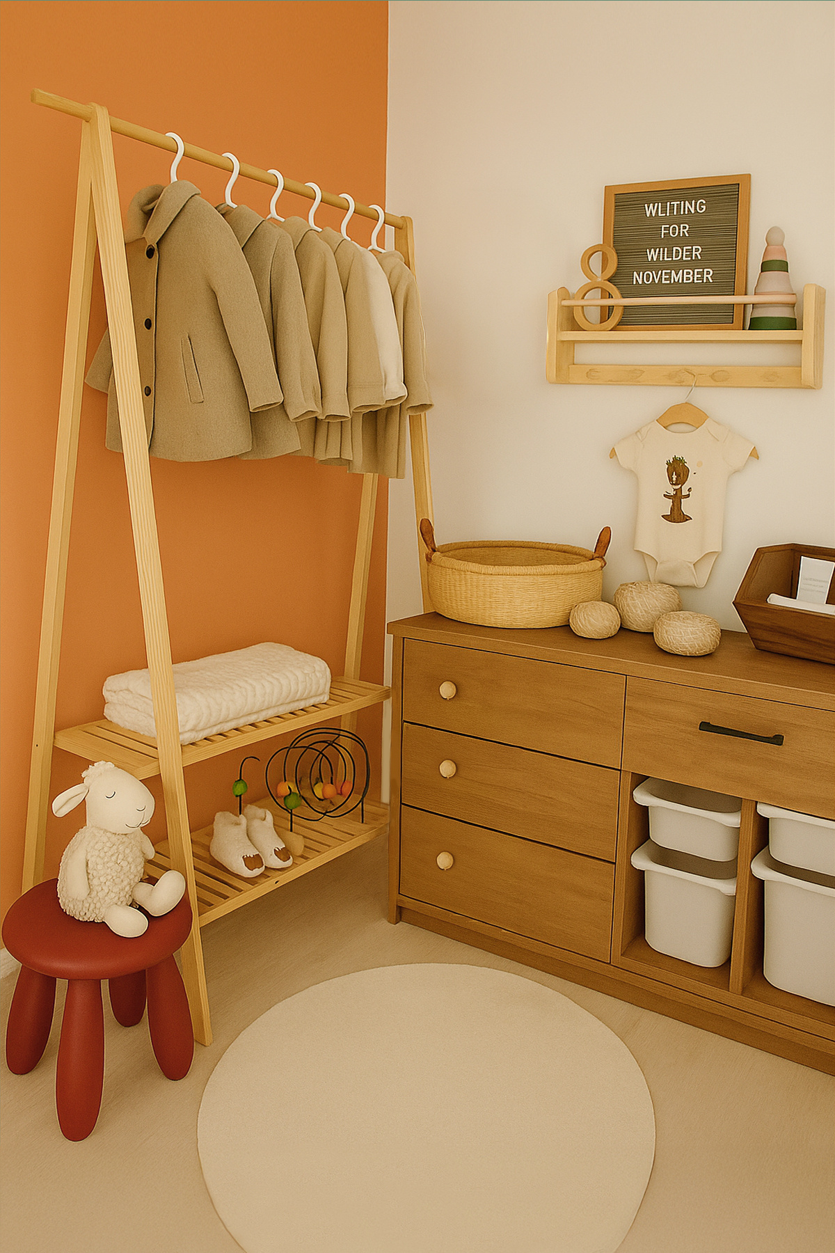 Grootland Ahşap Ayaklı Elbise Askılığı/Ayakkabılık/Açık Gardrop/ Montessori Çocuk Bebek Odası Kitaplık Askılık