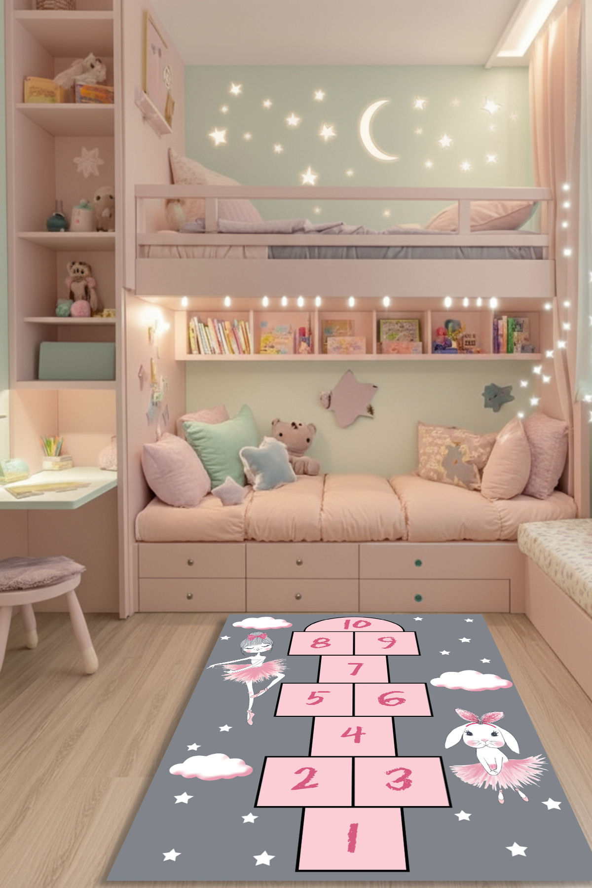 Kessy Home Studio Pompi Kız Bebek Halısı Gri Pembe Sek Sek Oyun Alanlı Kaymaz Tabanlı Yıkanabilir Çocuk Halısı fotoğrafı 4 (önizleme)