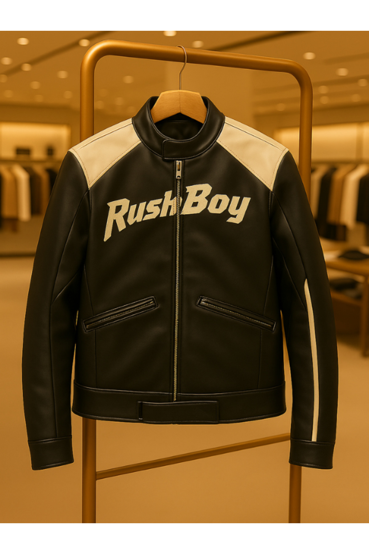 Erkek Siyah Ön Baskılı Deri Ceket Rush