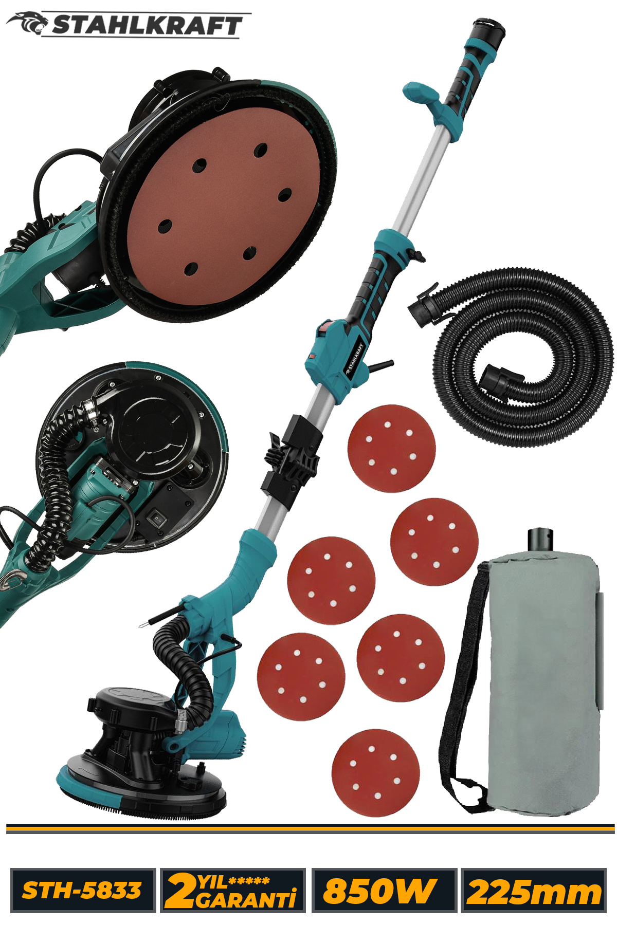 STAHLKRAFT 850w Alçıpan Duvar Zımpara Makinası 360° Ledli Toz Emmeli
