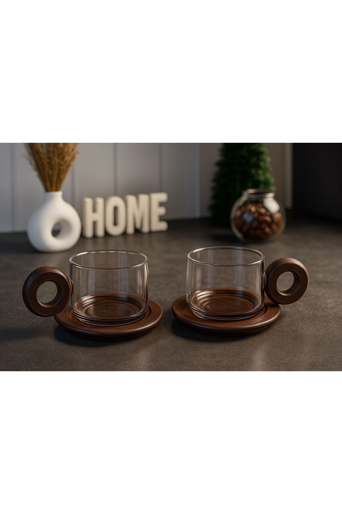 Qerhome 2'li Borosilikat Cam Akasya Saplı ve Akasya Tabaklı Çay Kahve Fincanı 250 ml