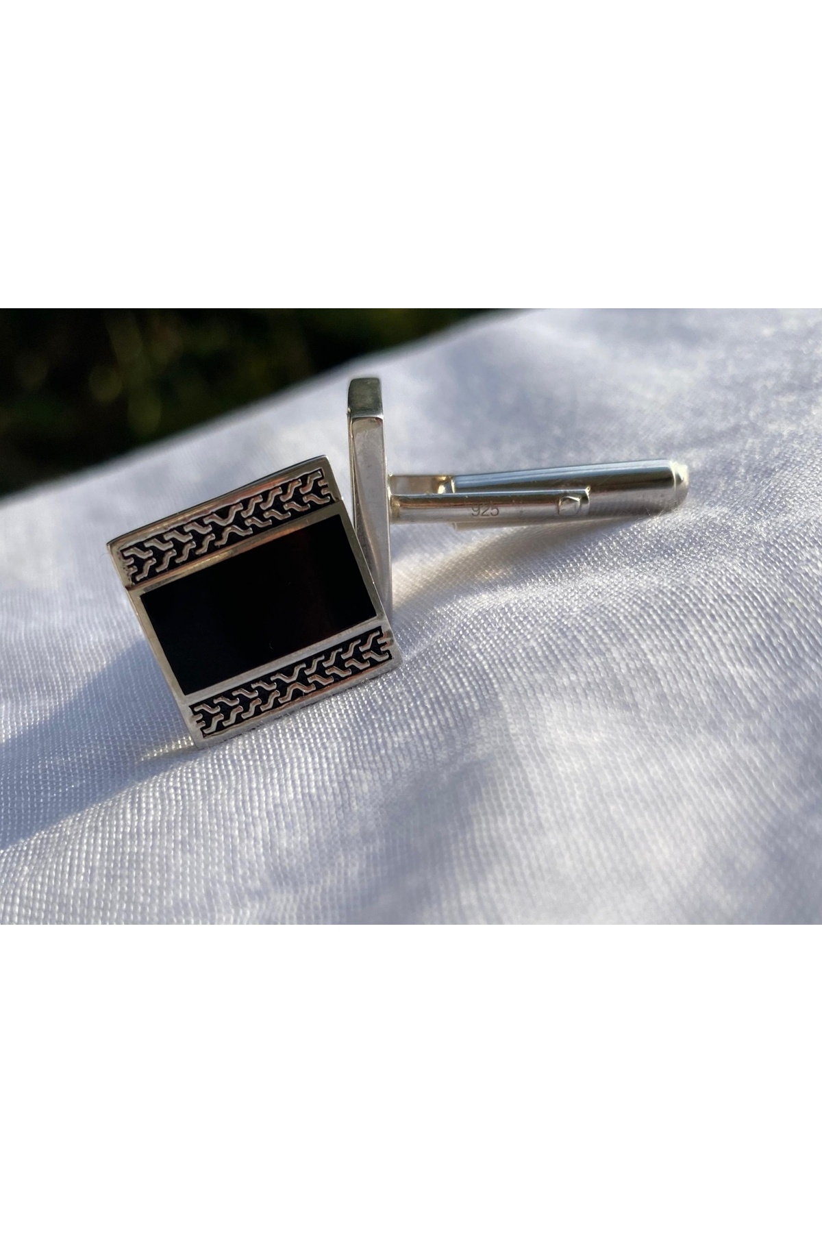 Unbranded/Generic 925 Ayar Gümüş Siyah Erkek Kol Düğmesi (Kare)- Şık Tasarım