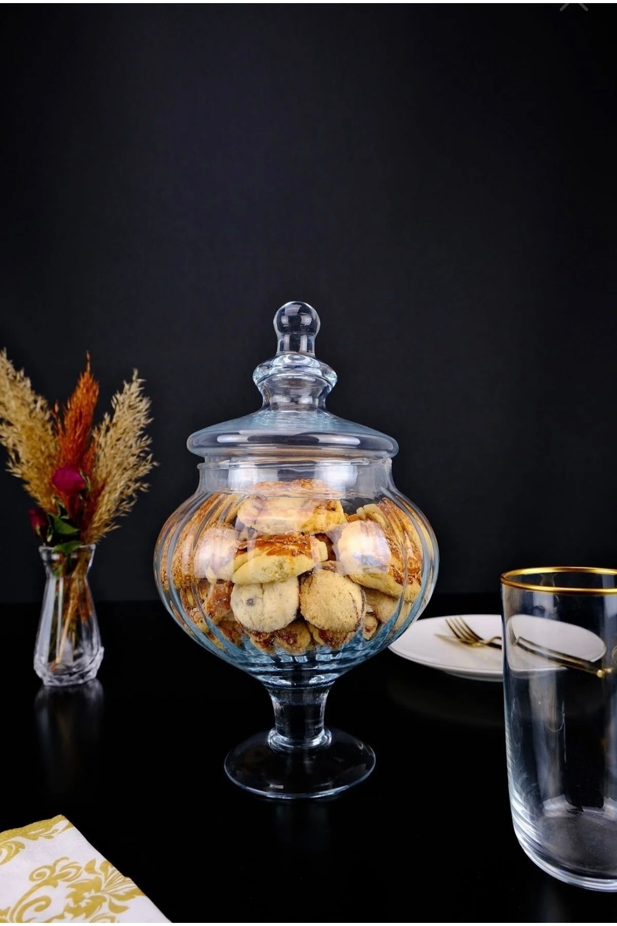 Store Cam Kapaklı Ayaklı Sunumluk Drajelik ve Kurabiyelik 20 Cm